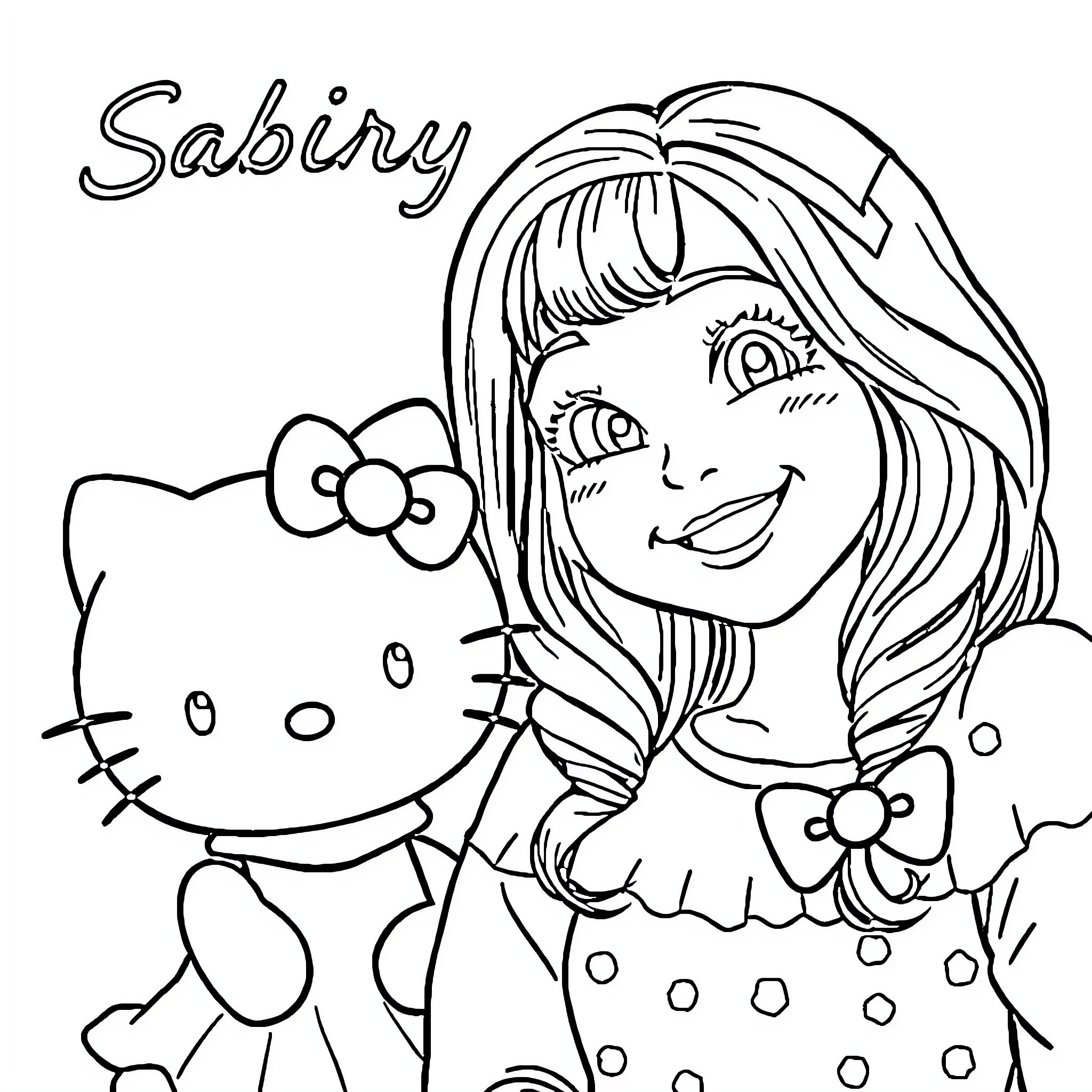 Sabrina Carpenter posing cheerfully with Hello Kitty Coloring Page (free black-and-white line drawing printable PDF for all, from beginners to advanced learners, including children, teens, adults, and seniors)