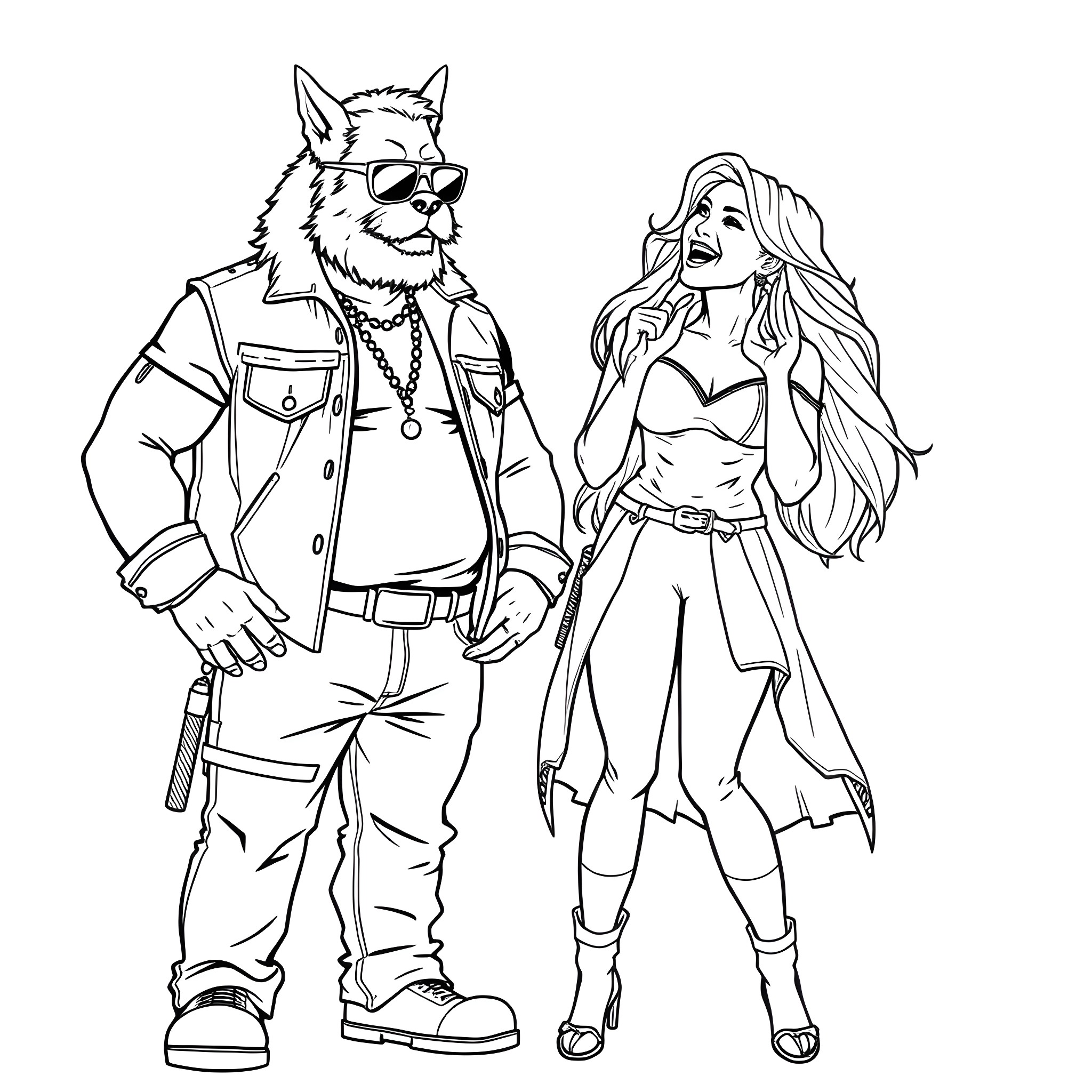 Dog and woman in casual outfits Coloring Page (free black-and-white line drawing printable PDF for all, from beginners to advanced learners, including children, teens, adults, and seniors)