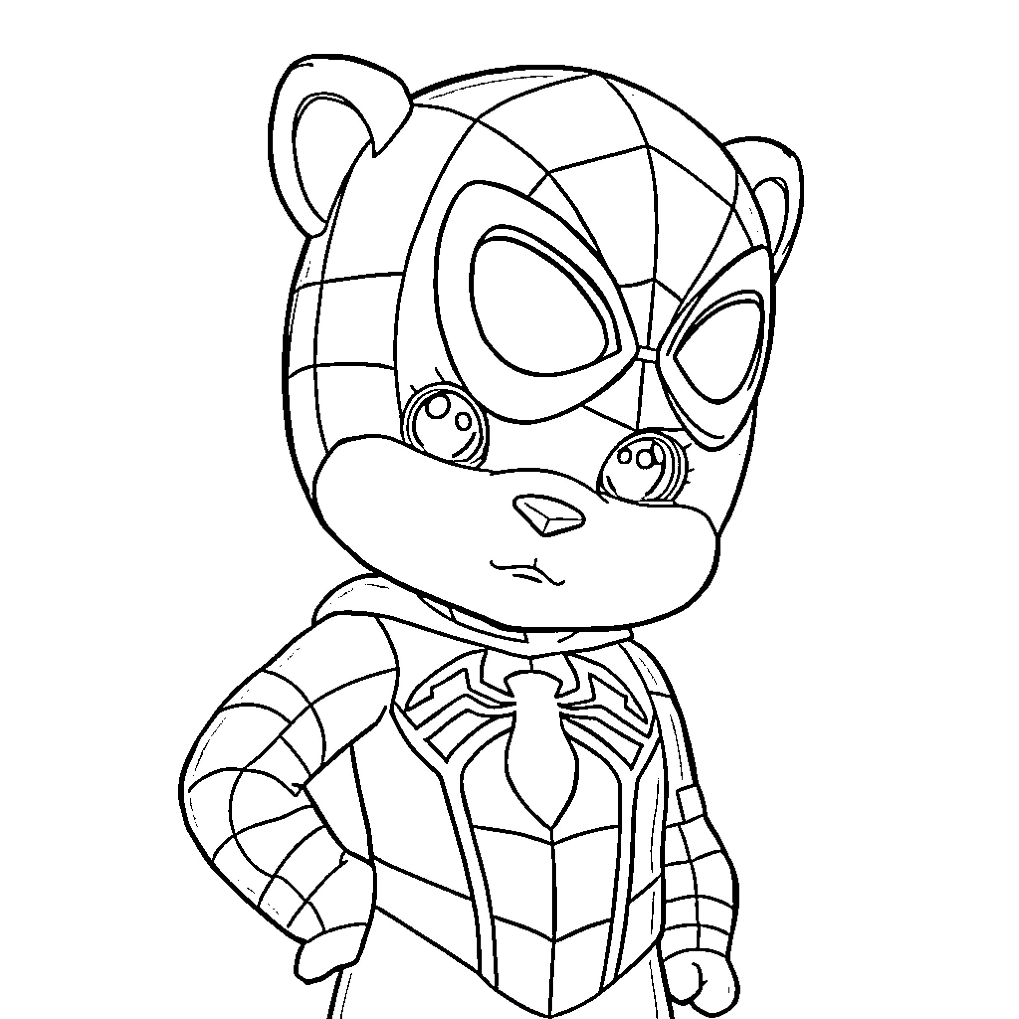 Labubu as a playful spider hero Coloring Page (free black-and-white line drawing printable PDF for all, from beginners to advanced learners, including children, teens, adults, and seniors)