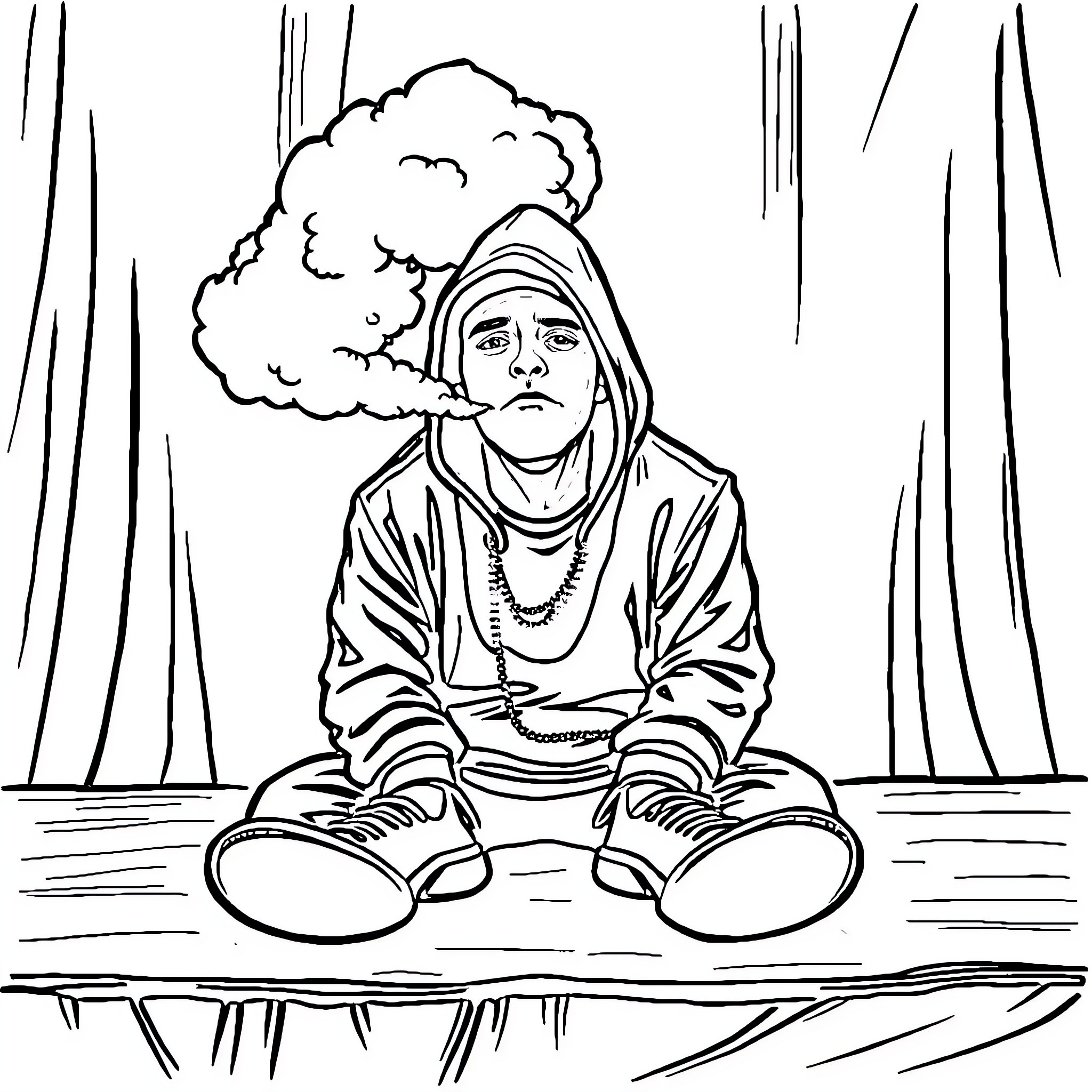Eminem in pensive contemplation Coloring Page (free black-and-white line drawing printable PDF for all, from beginners to advanced learners, including children, teens, adults, and seniors)