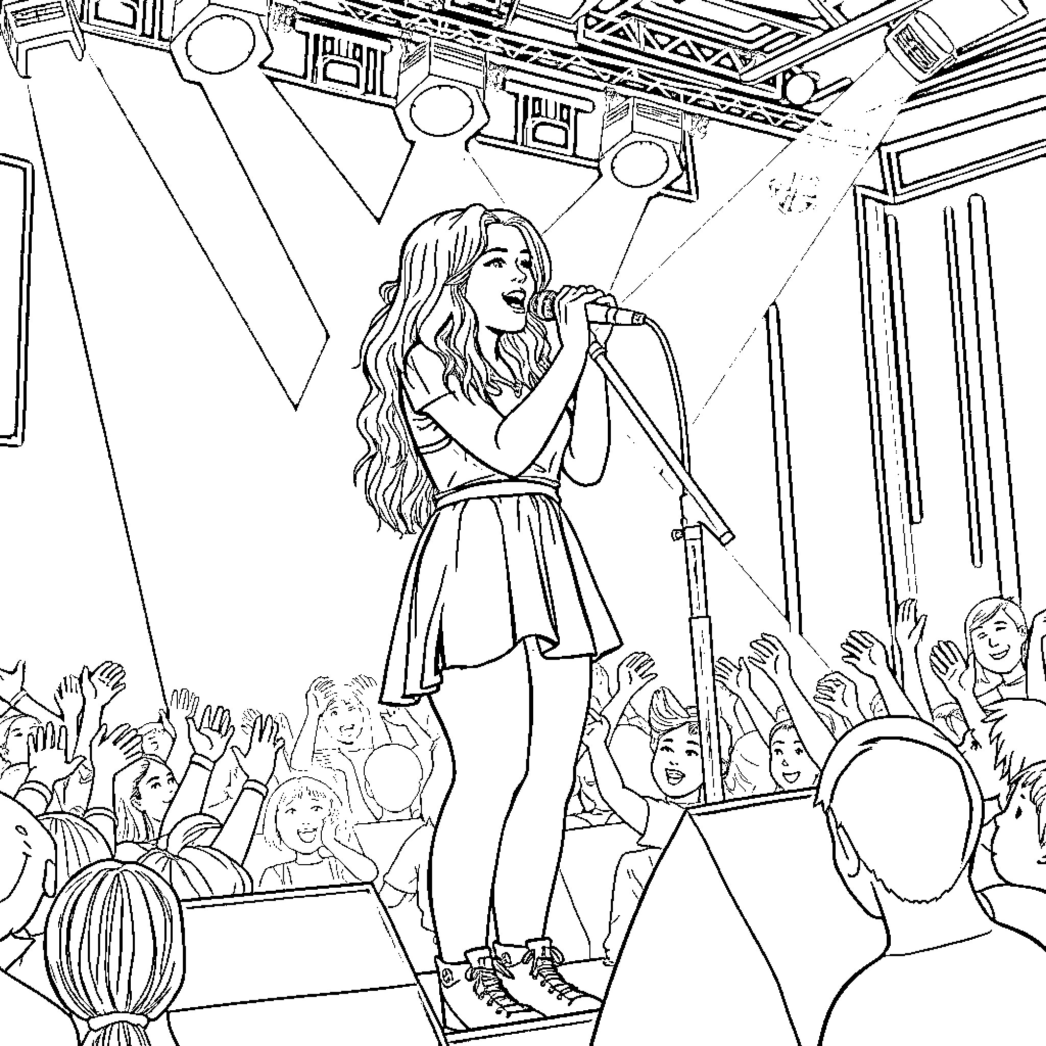 Sabrina Carpenter performing energetically on stage Coloring Page (free black-and-white line drawing printable PDF for all, from beginners to advanced learners, including children, teens, adults, and seniors)