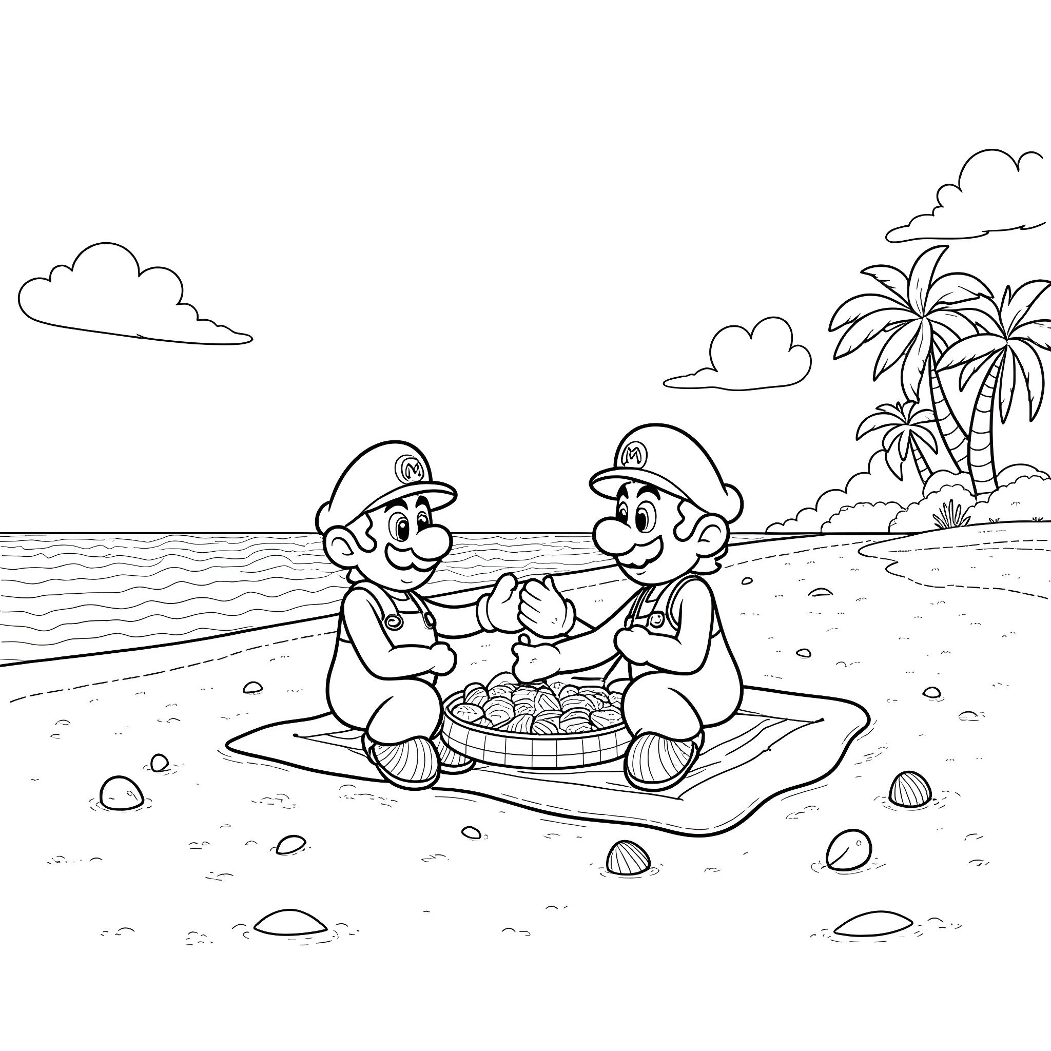 Mario and friends enjoying a picnic on the beach Coloring Page (free black-and-white line drawing printable PDF for all, from beginners to advanced learners, including children, teens, adults, and seniors)