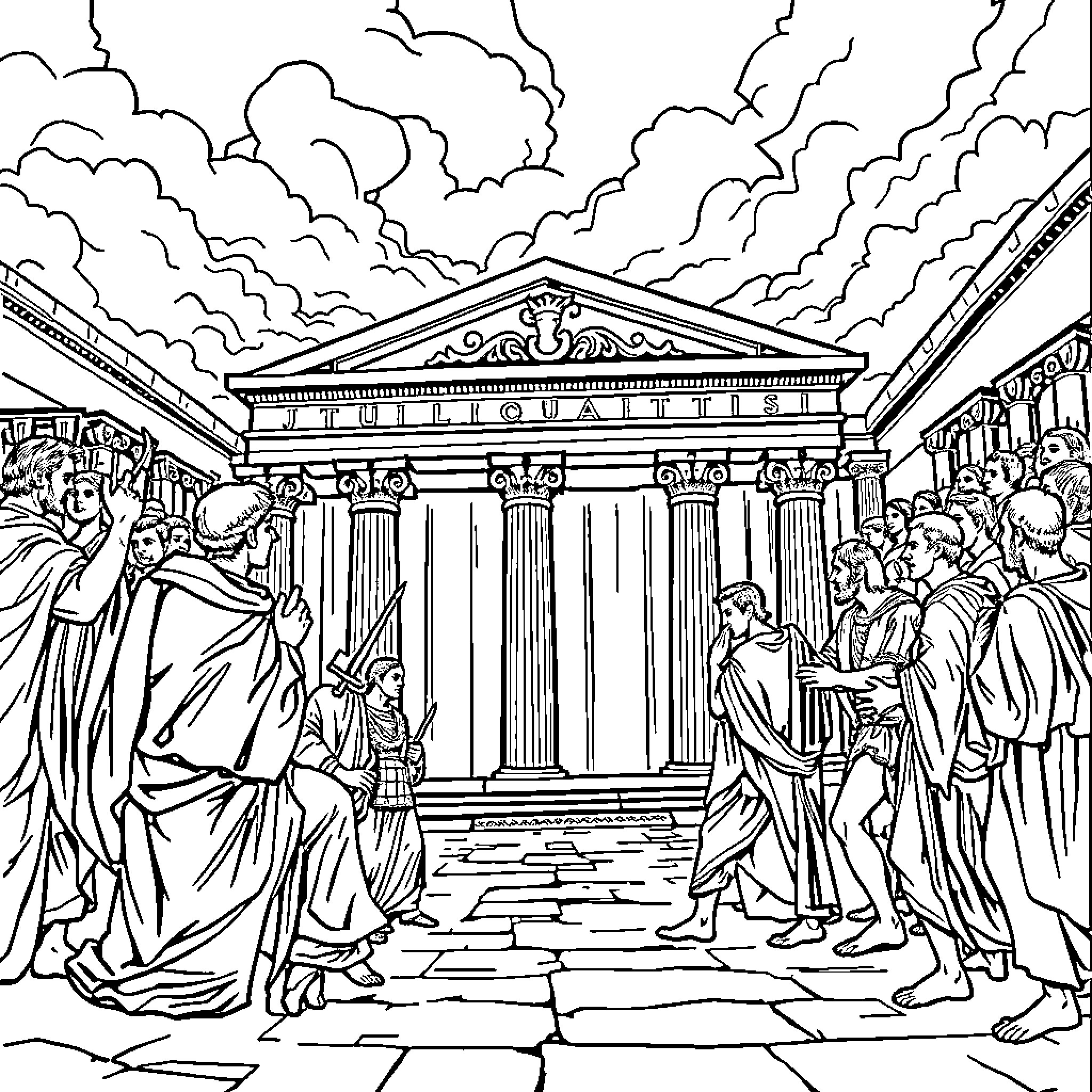 Julius Caesar addressing the crowd at the Roman Senate Coloring Page (free black-and-white line drawing printable PDF for all, from beginners to advanced learners, including children, teens, adults, and seniors)