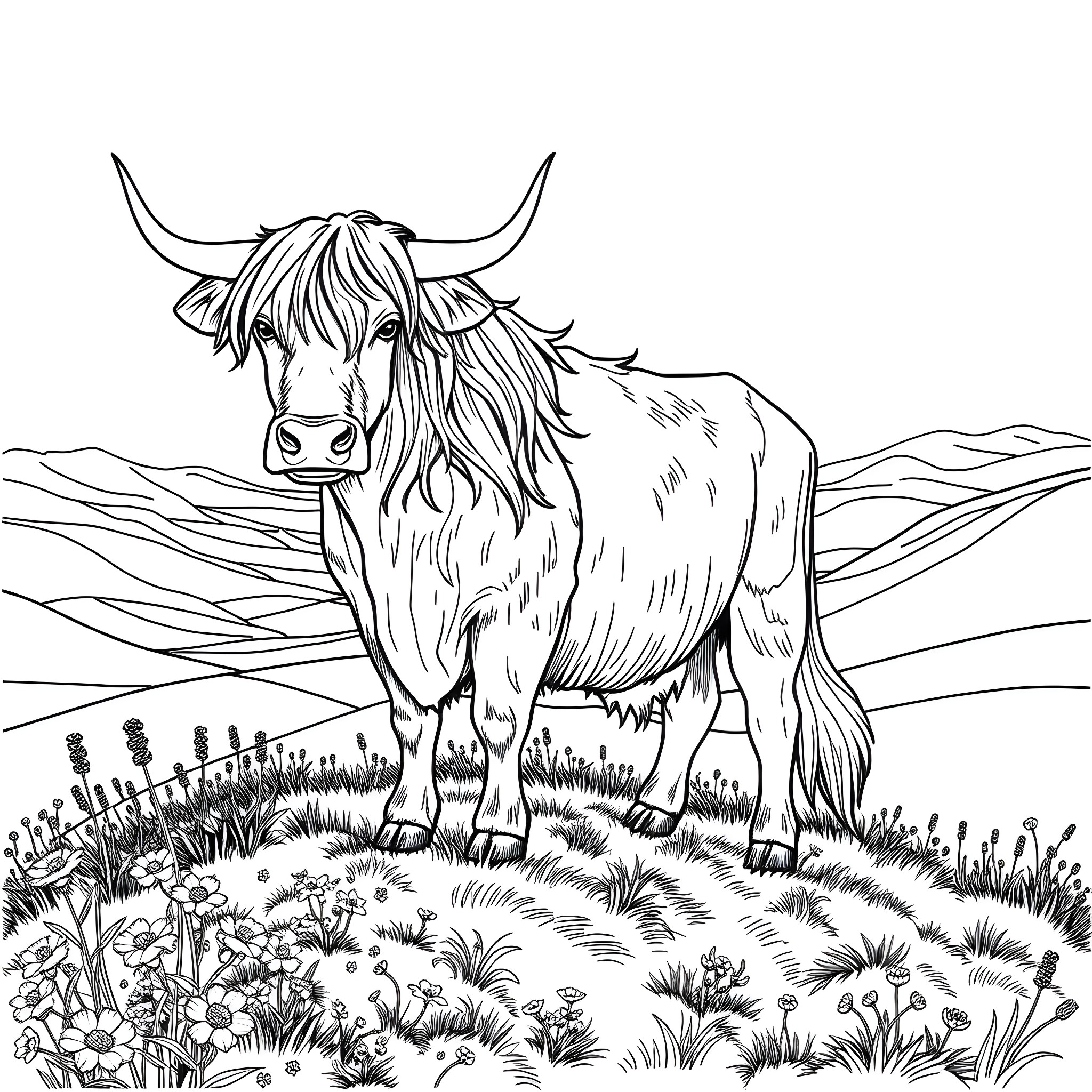 Highlander Cow standing proudly in the meadow Coloring Page (free black-and-white line drawing printable PDF for all, from beginners to advanced learners, including children, teens, adults, and seniors)