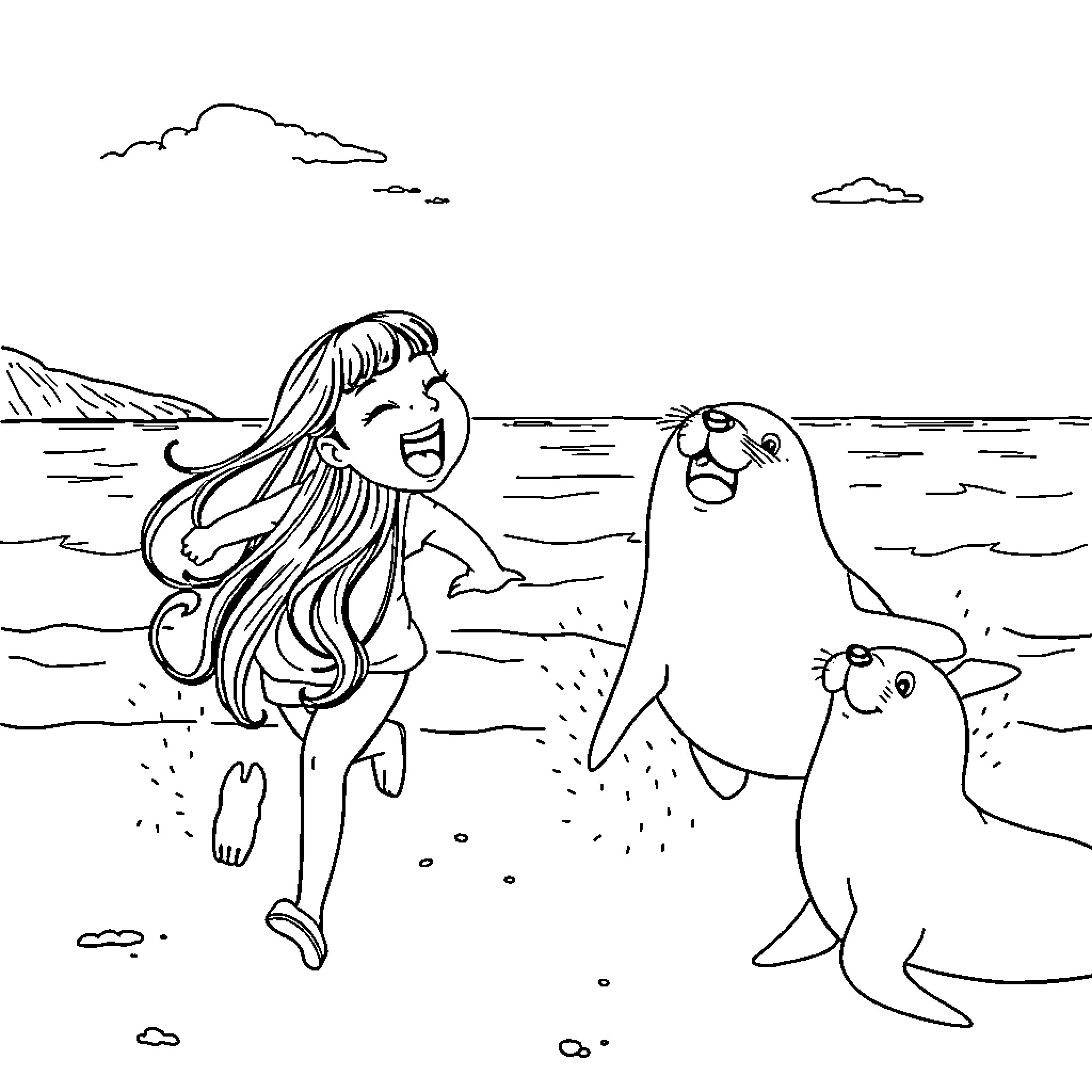 Mamamoo enjoying lively beach adventure with seals Coloring Page (free black-and-white line drawing printable PDF for all, from beginners to advanced learners, including children, teens, adults, and seniors)