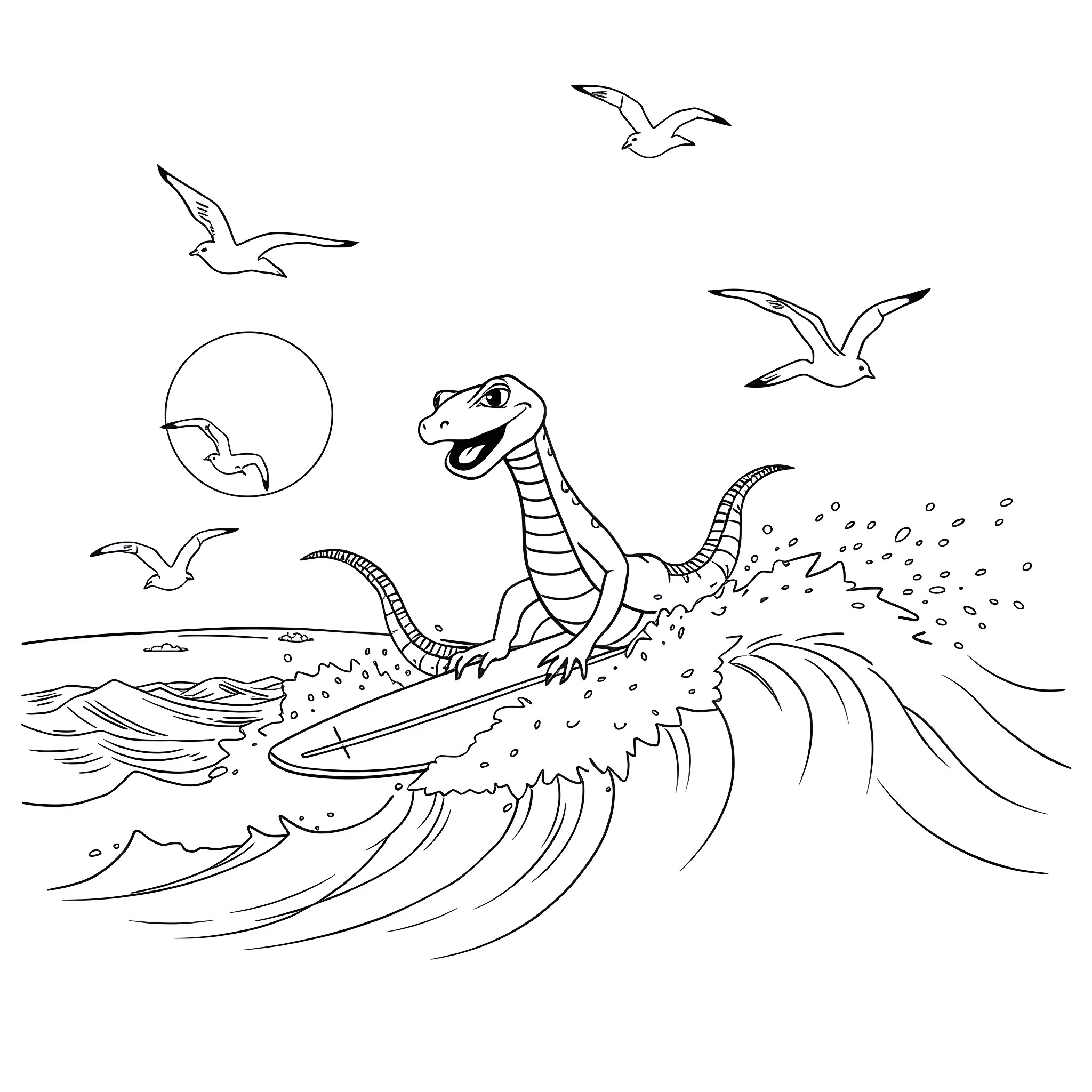 Snake Surfing Waves with Seagulls in the Sky Coloring Page (free black-and-white line drawing printable PDF for all, from beginners to advanced learners, including children, teens, adults, and seniors)