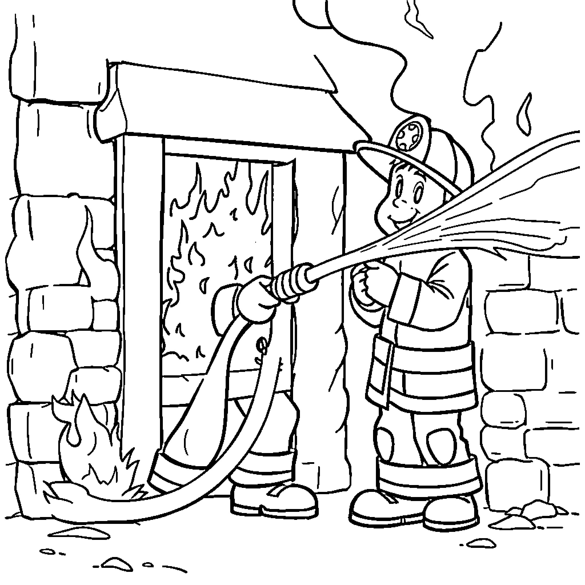 Fireman battling a blaze in a burning building Coloring Page (free black-and-white line drawing printable PDF for all, from beginners to advanced learners, including children, teens, adults, and seniors)