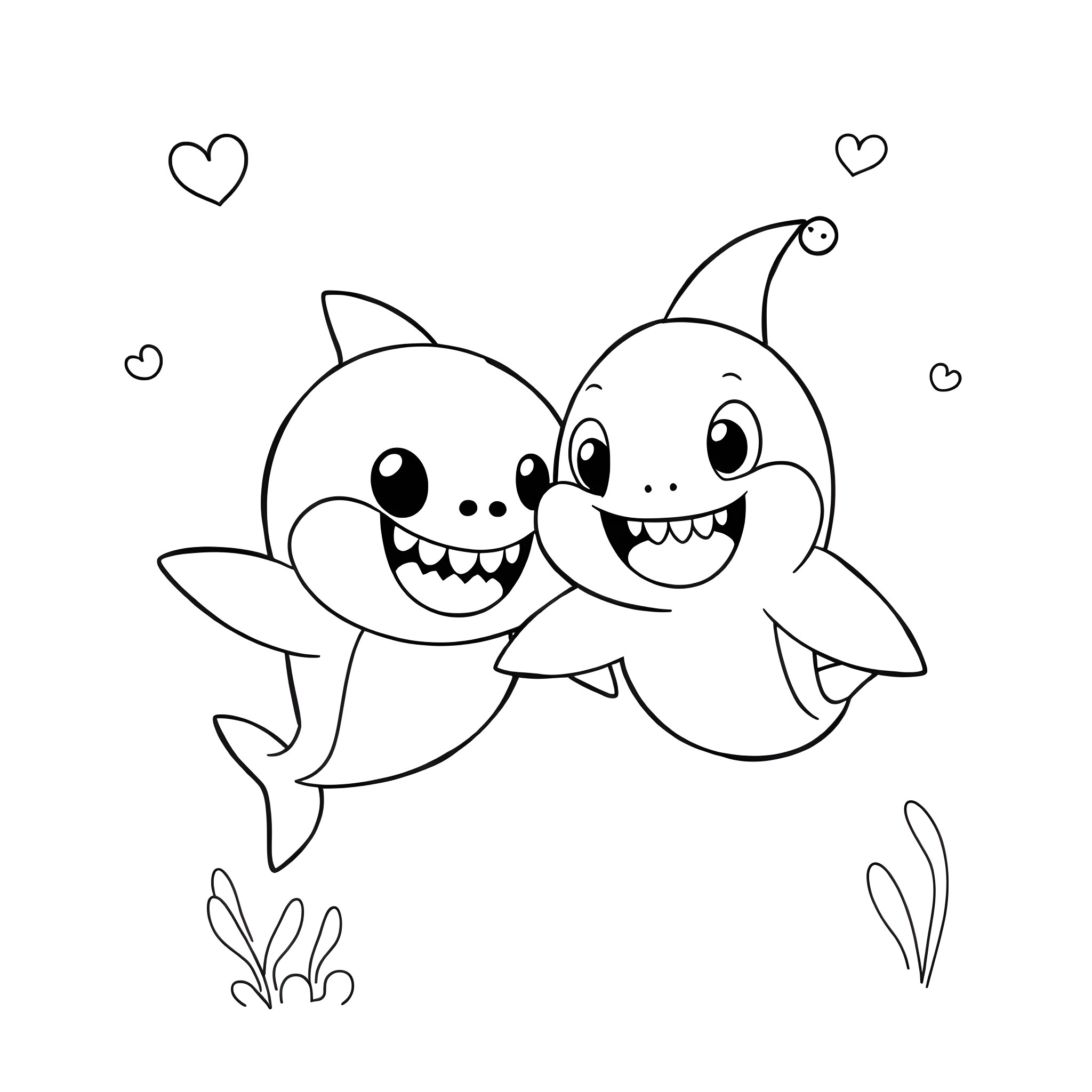 Sharks swimming happily together Coloring Page (free black-and-white line drawing printable PDF for all, from beginners to advanced learners, including children, teens, adults, and seniors)