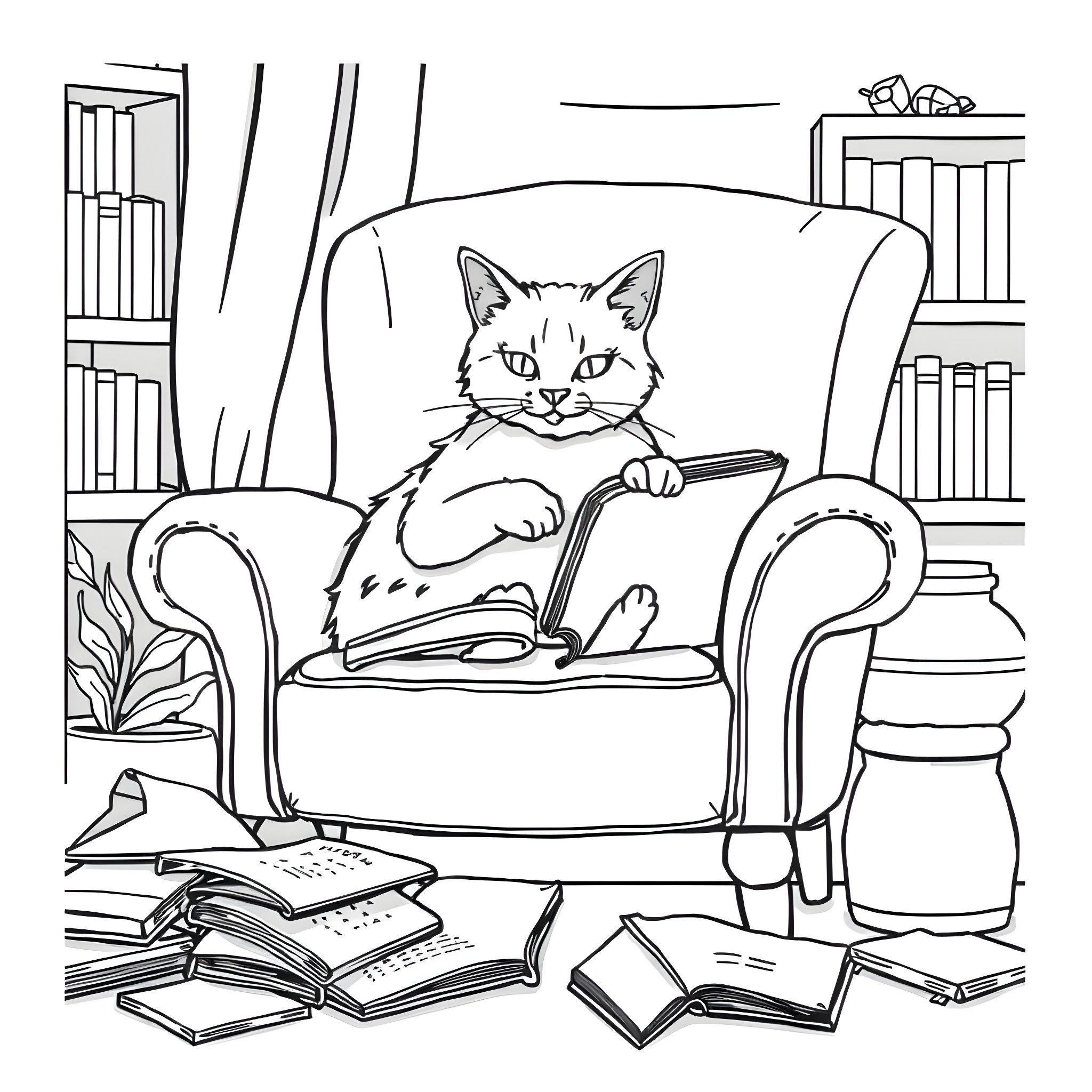 Cat reading books in a cozy library Coloring Page (free black-and-white line drawing printable PDF for all, from beginners to advanced learners, including children, teens, adults, and seniors)