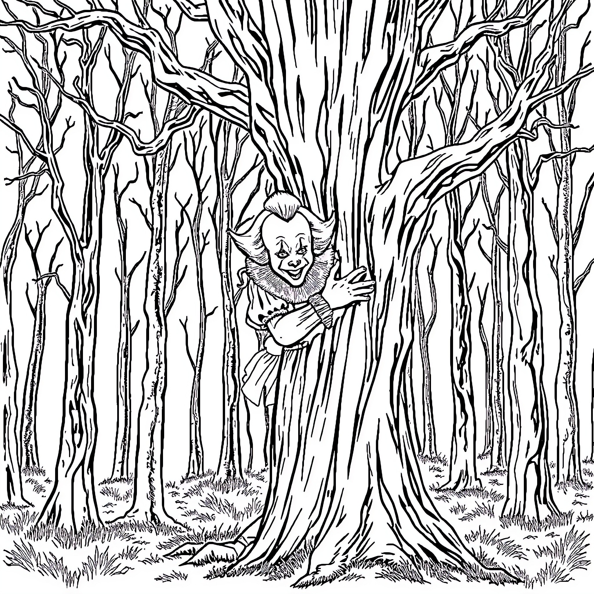 Pennywise the Clown Lurking in the Spooky Forest Coloring Page (free black-and-white line drawing printable PDF for all, from beginners to advanced learners, including children, teens, adults, and seniors)