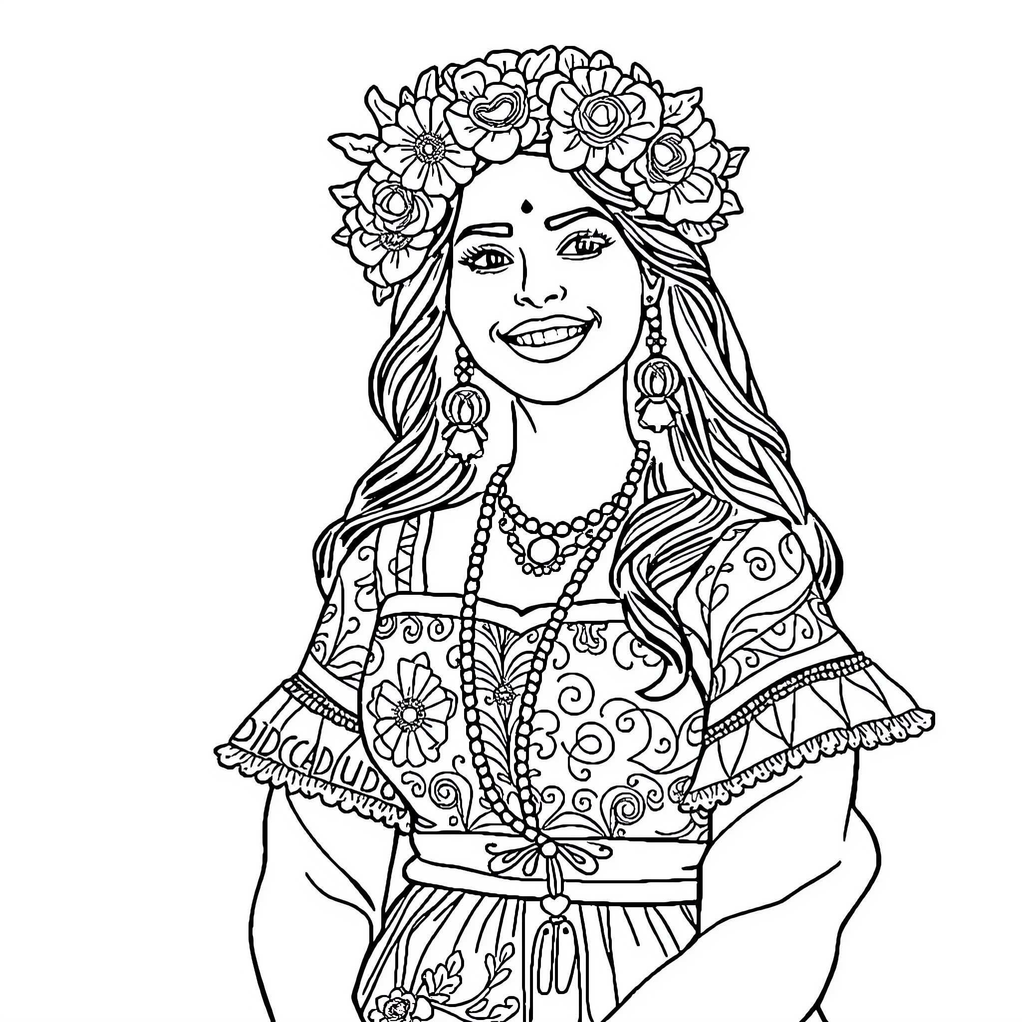 Mexico Woman Wearing Floral Headpiece and Traditional Dress Coloring Page (free black-and-white line drawing printable PDF for all, from beginners to advanced learners, including children, teens, adults, and seniors)
