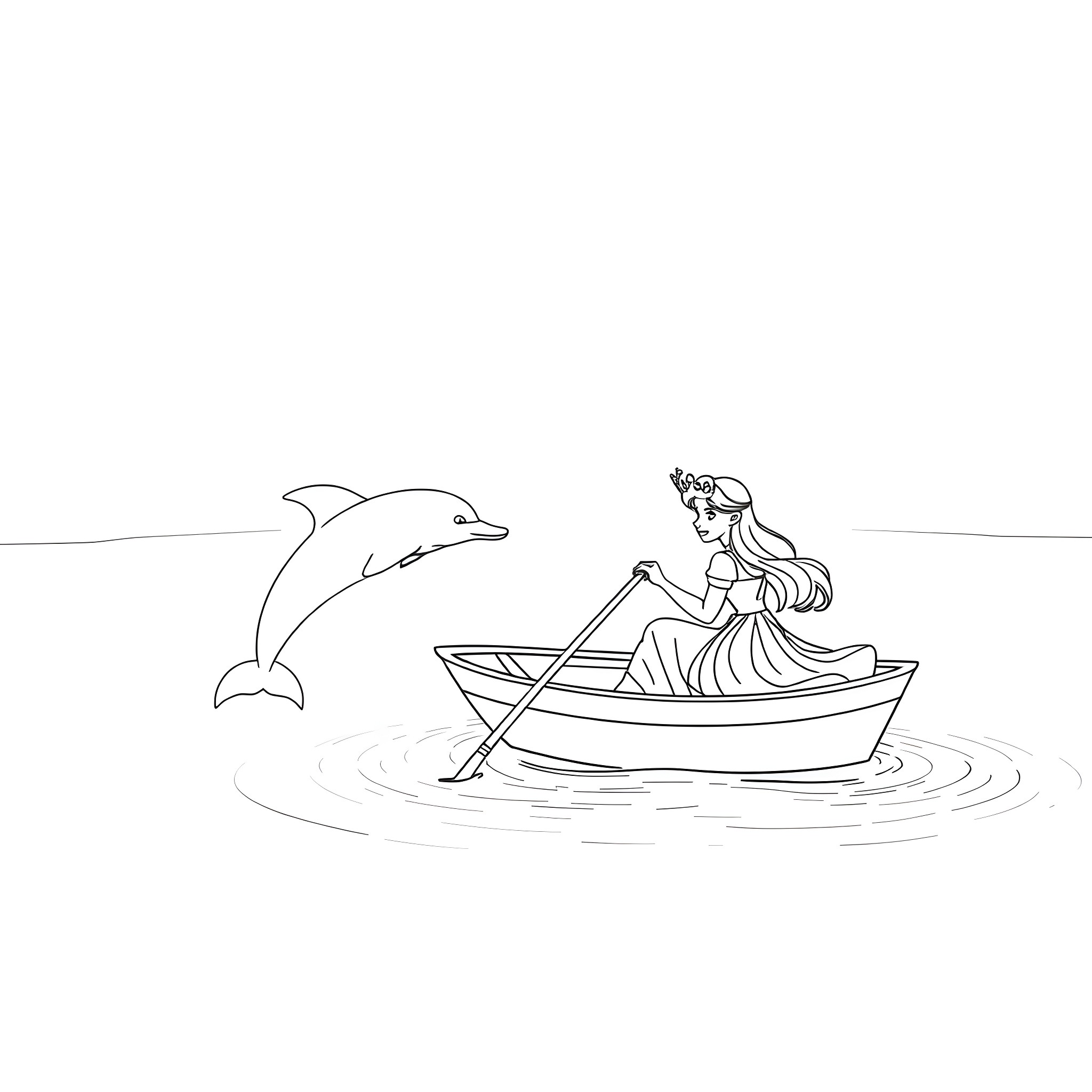 Princess Sailing with Dolphin in the Ocean Coloring Page (free black-and-white line drawing printable PDF for all, from beginners to advanced learners, including children, teens, adults, and seniors)