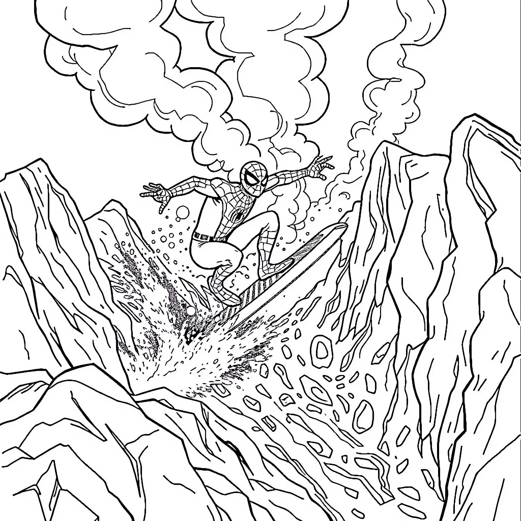 Spiderman swinging through a dramatic landscape Coloring Page (free black-and-white line drawing printable PDF for all, from beginners to advanced learners, including children, teens, adults, and seniors)