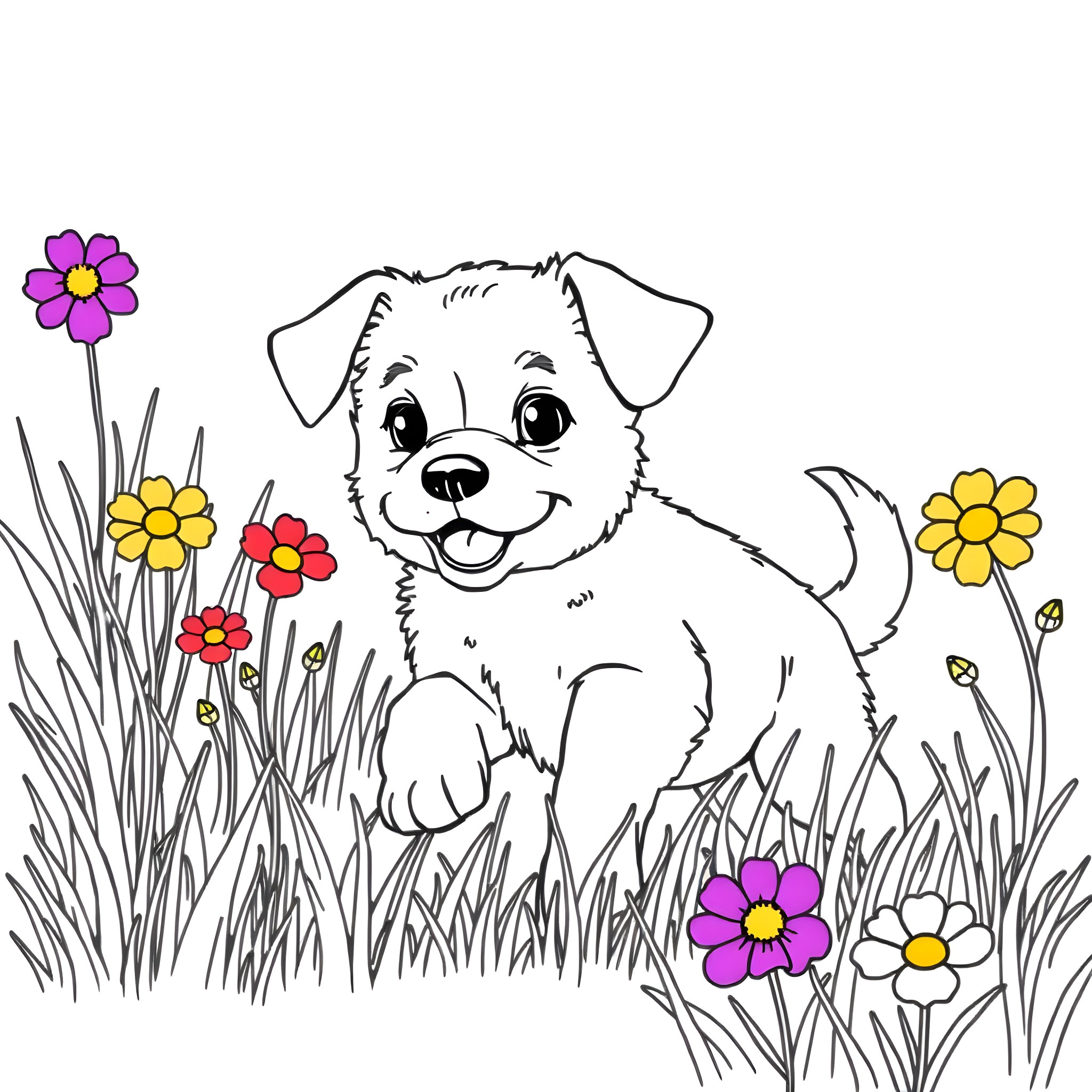 Puppy playing in the flowery meadow Coloring Page (free black-and-white line drawing printable PDF for all, from beginners to advanced learners, including children, teens, adults, and seniors)