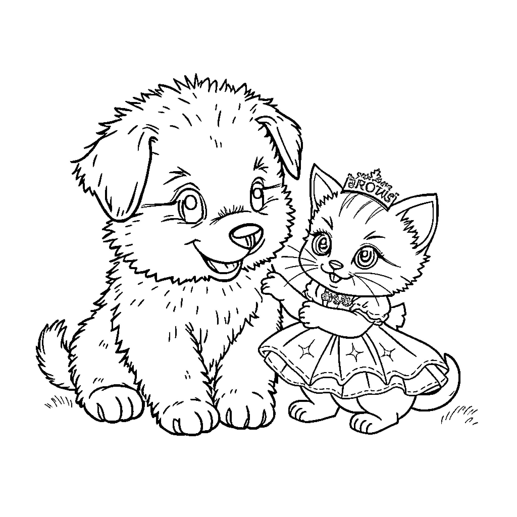 Puppy playing with kitten in cute outfits Coloring Page (free black-and-white line drawing printable PDF for all, from beginners to advanced learners, including children, teens, adults, and seniors)