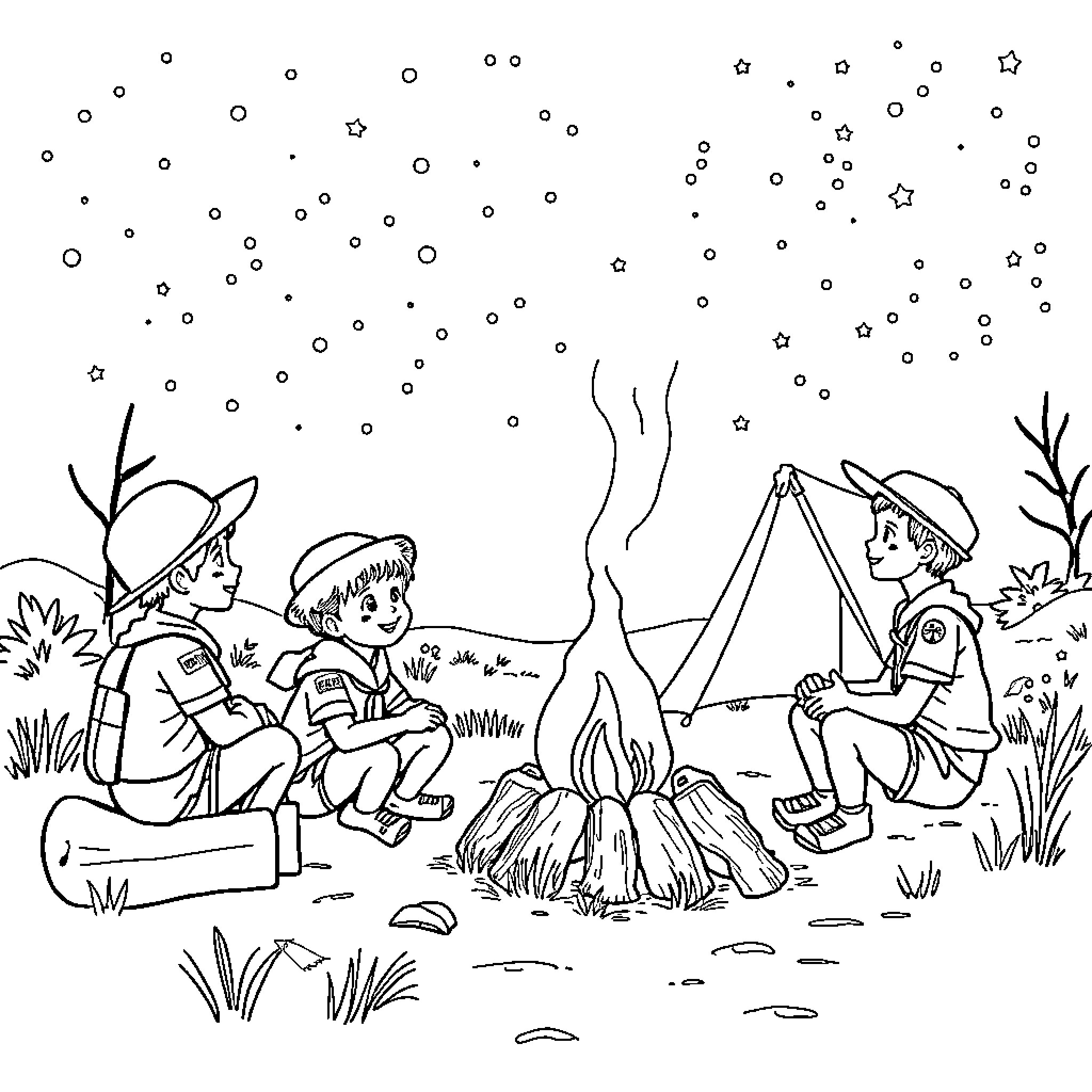 Joey and friends enjoying a camping adventure Coloring Page (free black-and-white line drawing printable PDF for all, from beginners to advanced learners, including children, teens, adults, and seniors)