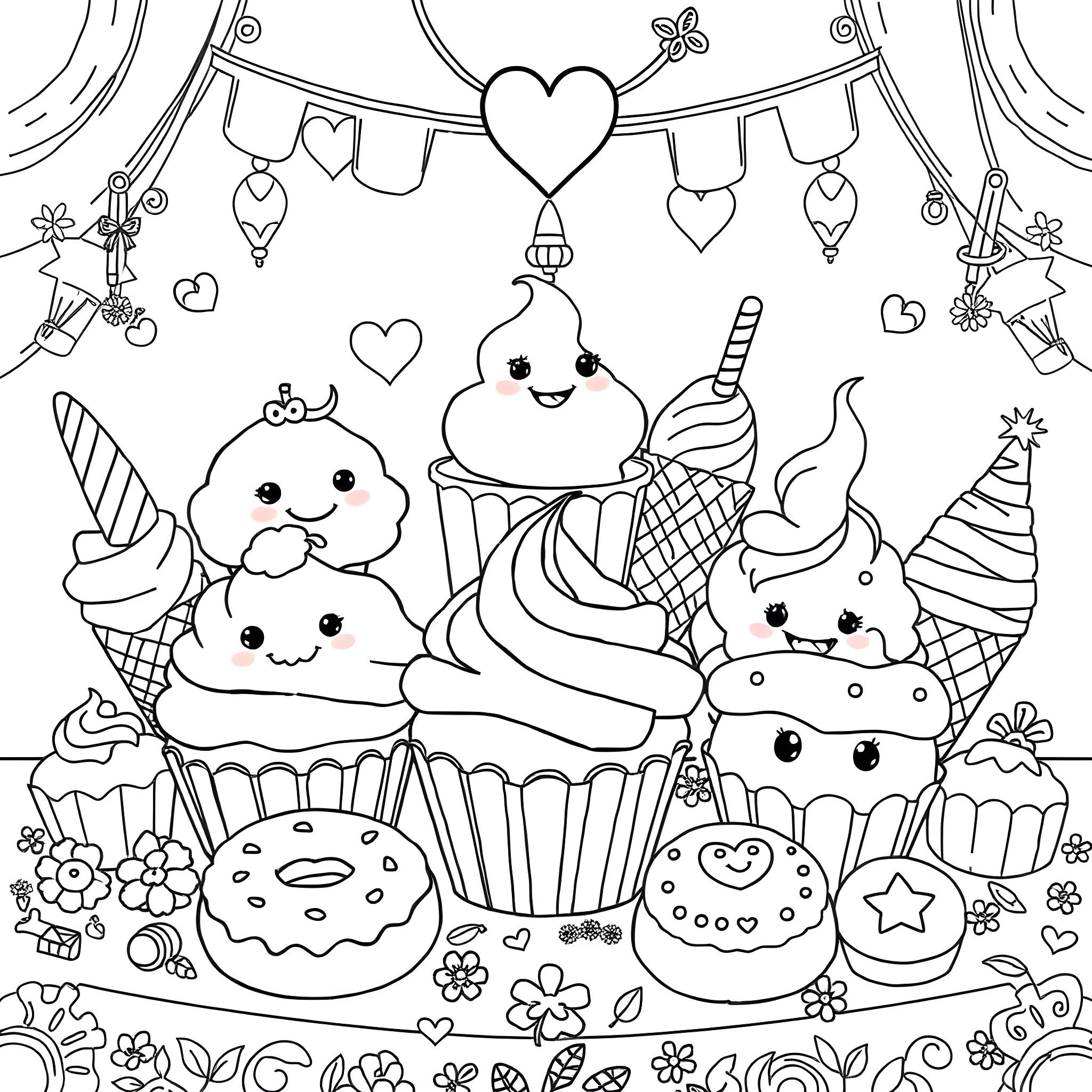 Treat yourself to sweet treats in a festive scene Coloring Page (free black-and-white line drawing printable PDF for all, from beginners to advanced learners, including children, teens, adults, and seniors)