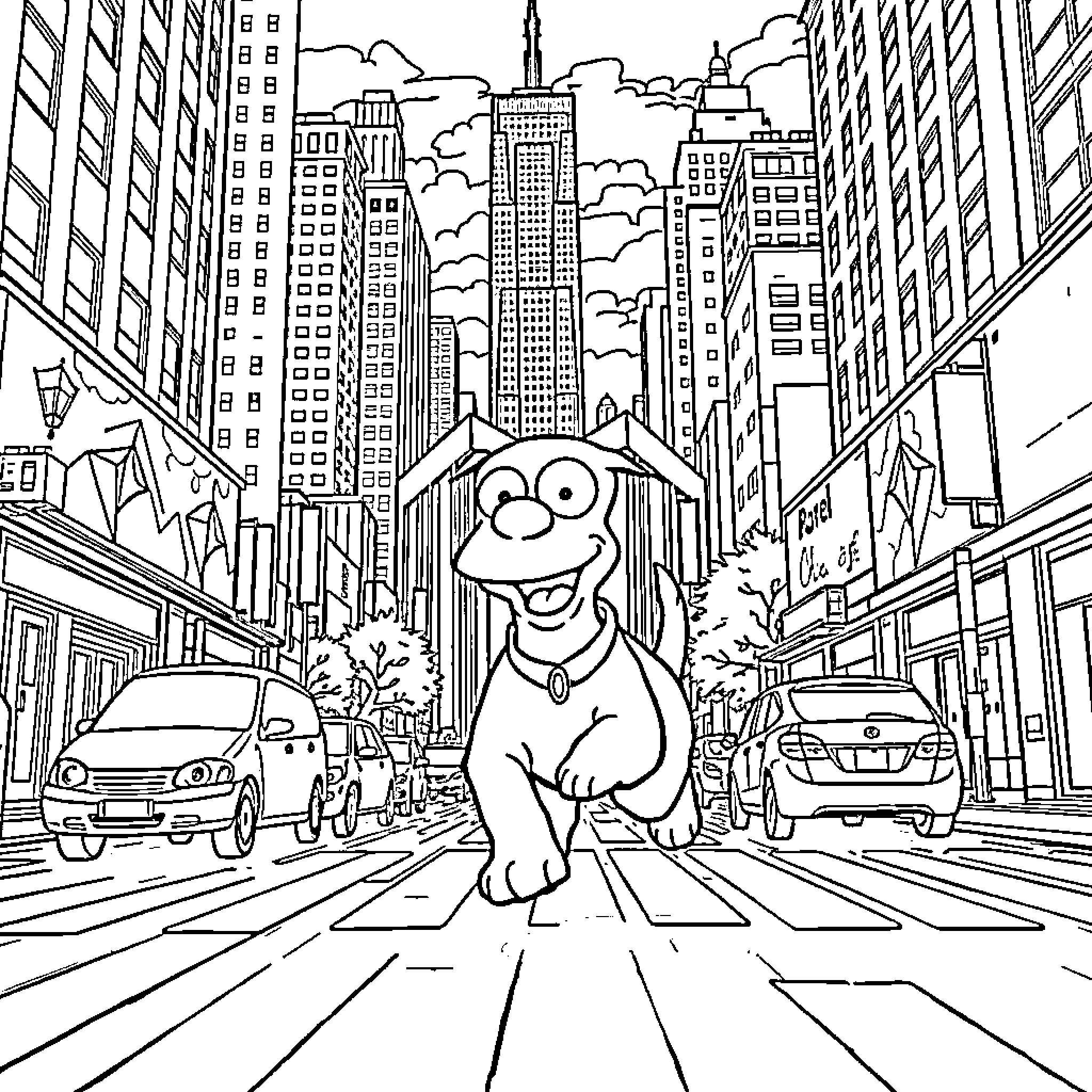 Dog exploring the vibrant city streets Coloring Page (free black-and-white line drawing printable PDF for all, from beginners to advanced learners, including children, teens, adults, and seniors)