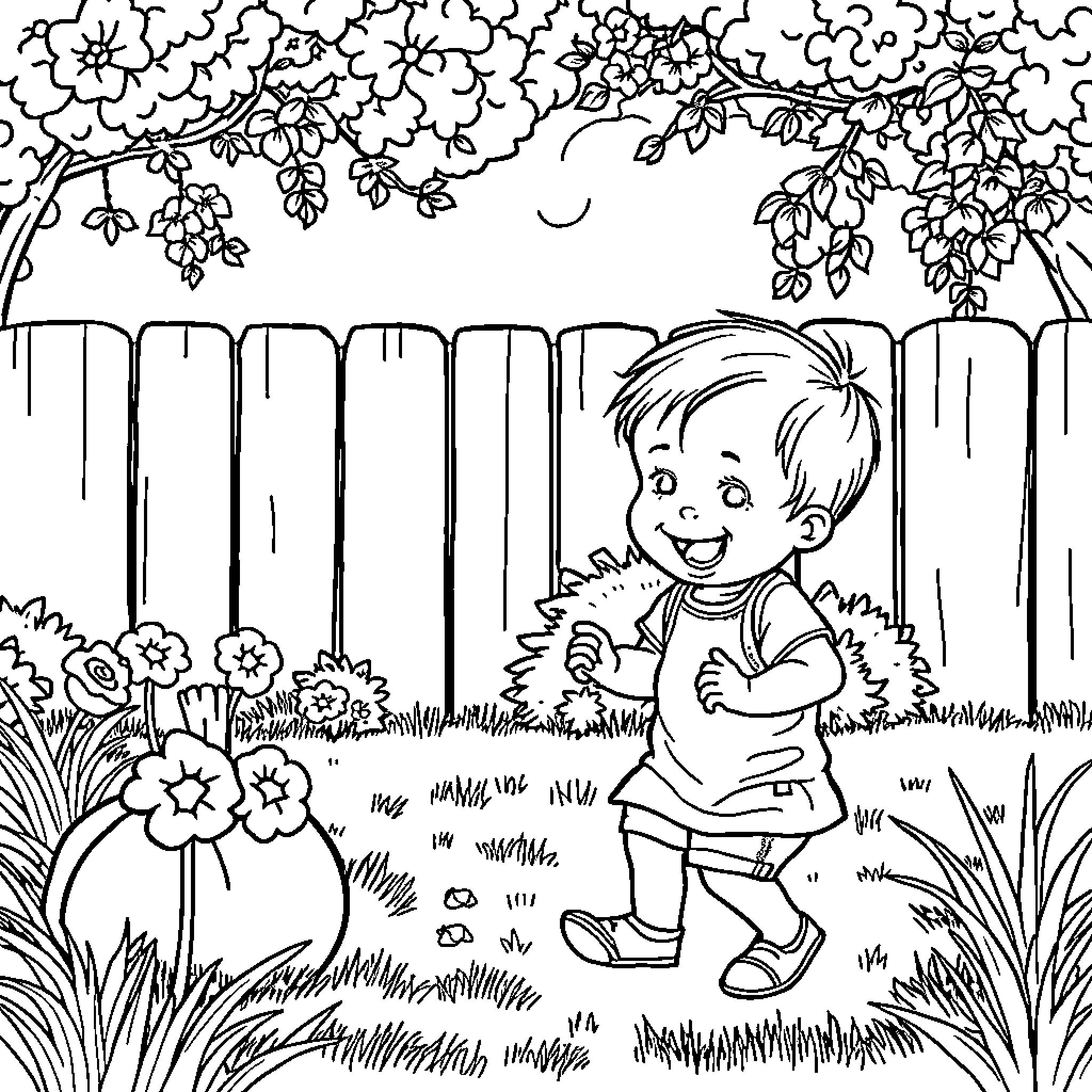 Teenieping boy exploring flowery garden Coloring Page (free black-and-white line drawing printable PDF for all, from beginners to advanced learners, including children, teens, adults, and seniors)