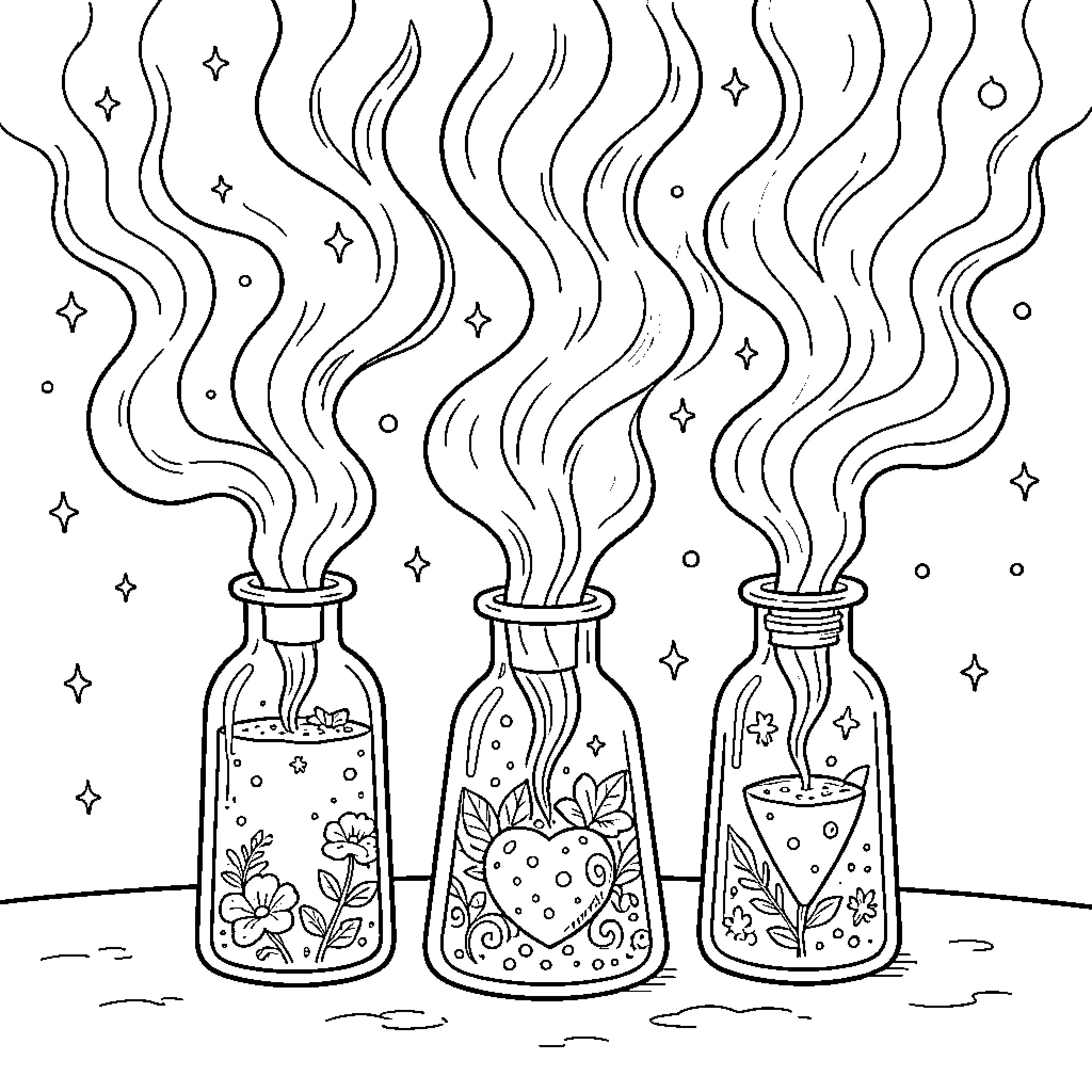 Jar of Mystical Potions Bubbling Coloring Page (free black-and-white line drawing printable PDF for all, from beginners to advanced learners, including children, teens, adults, and seniors)