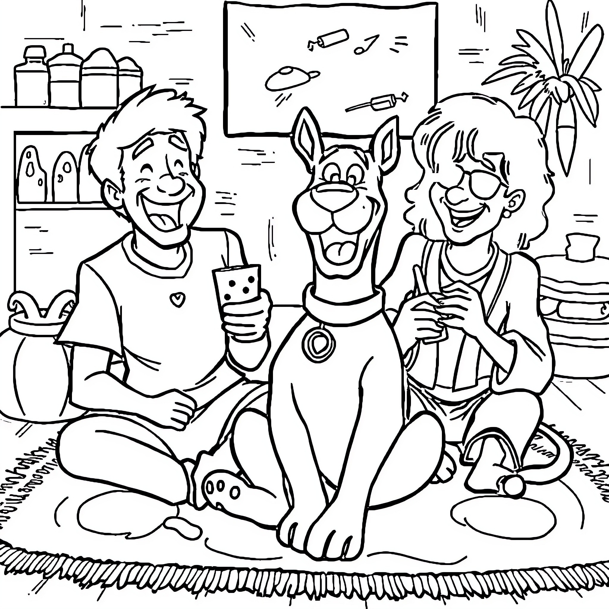 Scooby Doo and friends enjoying a playful day Coloring Page (free black-and-white line drawing printable PDF for all, from beginners to advanced learners, including children, teens, adults, and seniors)
