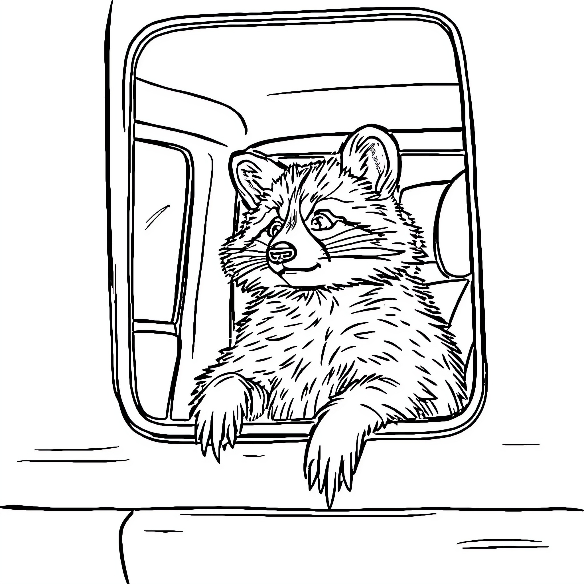 Raccoon peering through car window Coloring Page (free black-and-white line drawing printable PDF for all, from beginners to advanced learners, including children, teens, adults, and seniors)