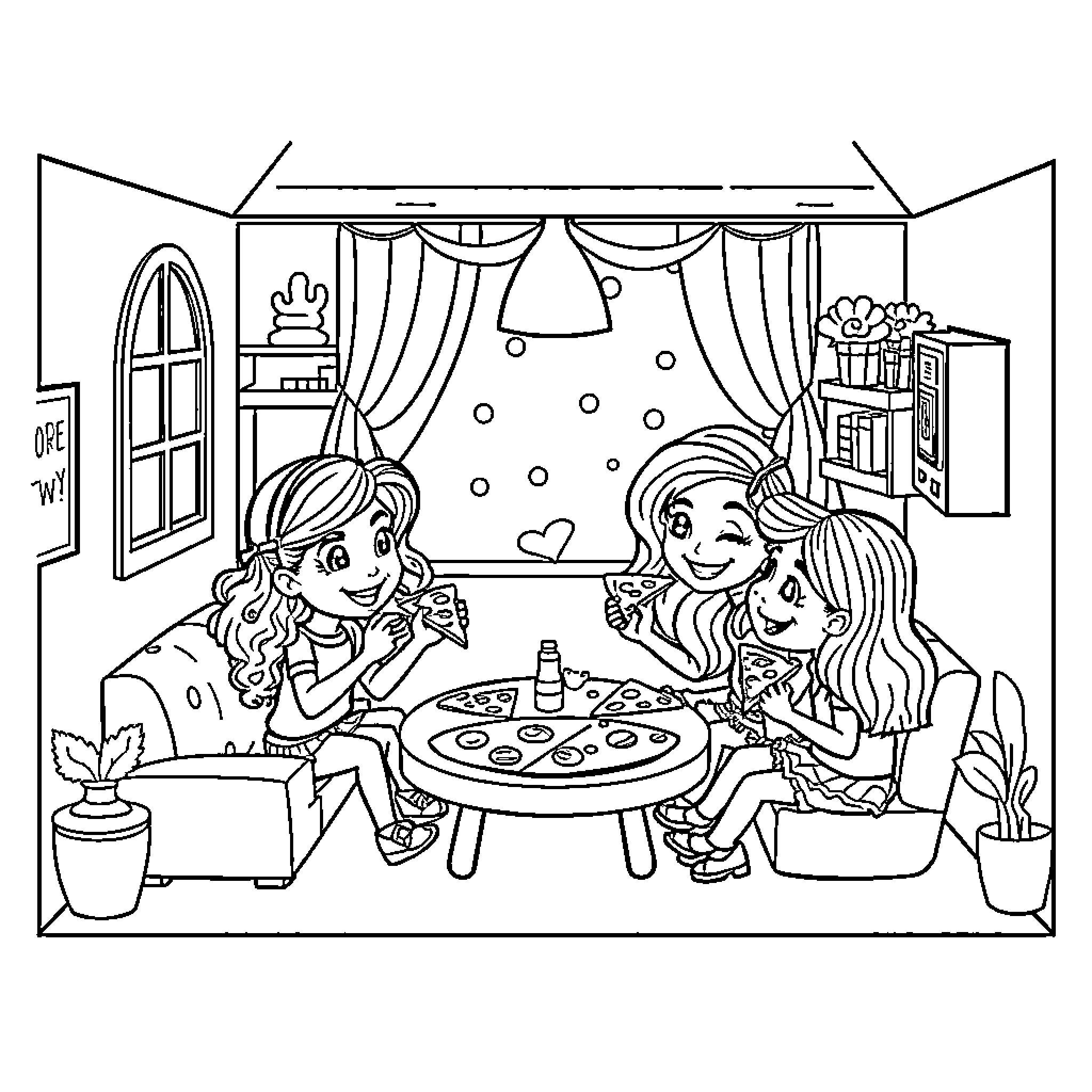 Gabby's Dollhouse: Girls Enjoying Playtime Coloring Page (free black-and-white line drawing printable PDF for all, from beginners to advanced learners, including children, teens, adults, and seniors)