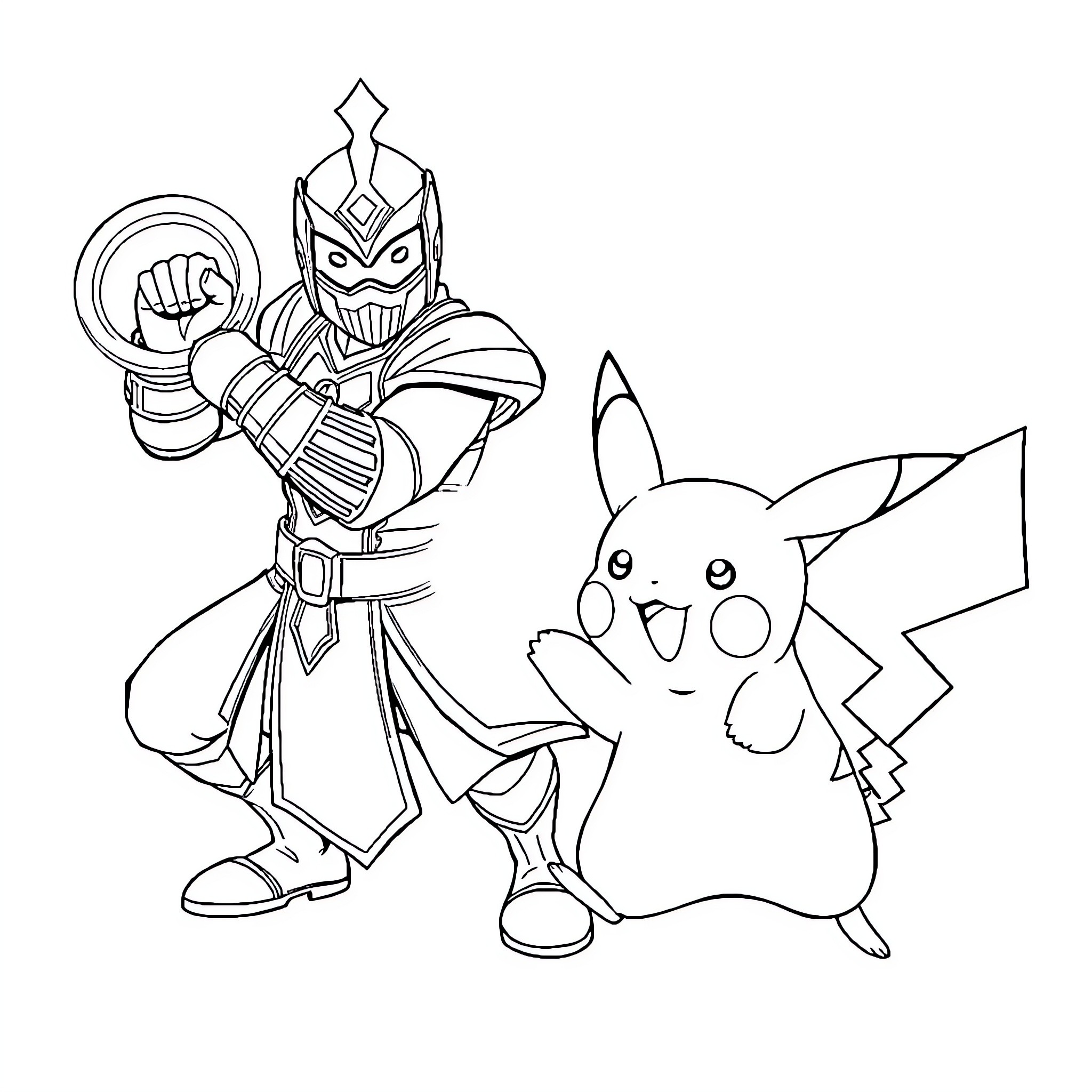 Pikachu meeting a courageous warrior Coloring Page (free black-and-white line drawing printable PDF for all, from beginners to advanced learners, including children, teens, adults, and seniors)