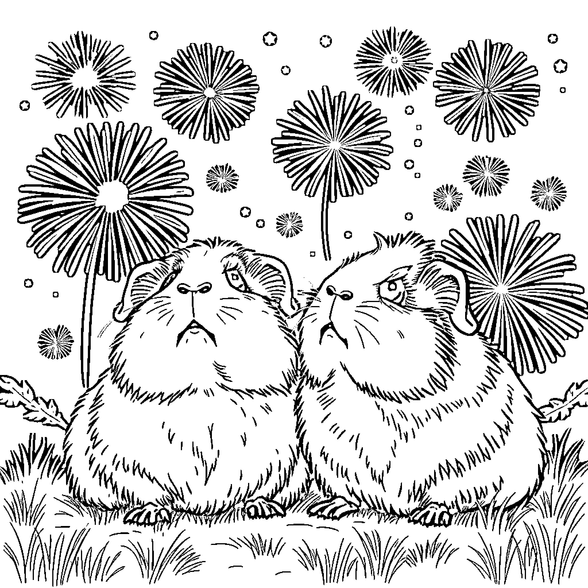 Guinea Pigs enjoying fireworks display Coloring Page (free black-and-white line drawing printable PDF for all, from beginners to advanced learners, including children, teens, adults, and seniors)