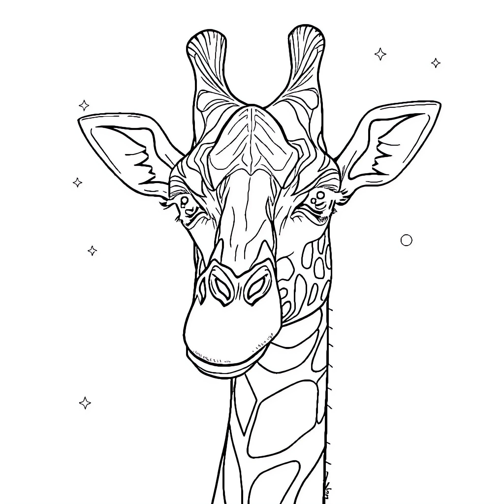Giraffe with whimsical patterns and expressions Coloring Page (free black-and-white line drawing printable PDF for all, from beginners to advanced learners, including children, teens, adults, and seniors)