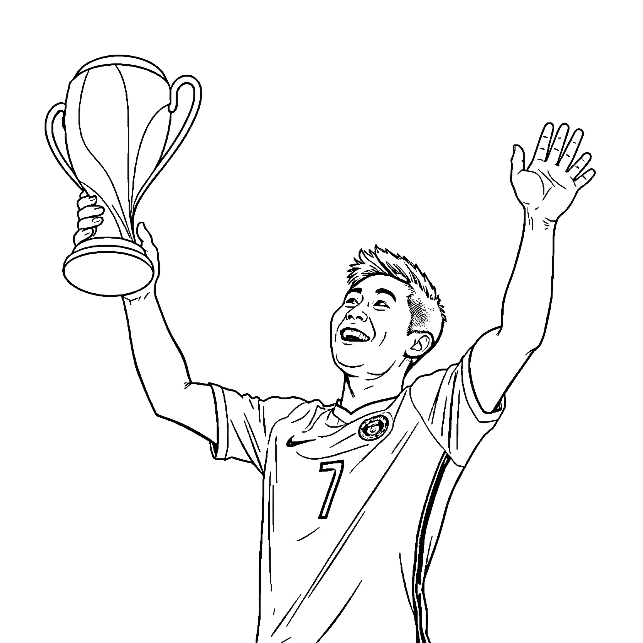 Son Heung Min Celebrating Victory with Trophy Coloring Page (free black-and-white line drawing printable PDF for all, from beginners to advanced learners, including children, teens, adults, and seniors)