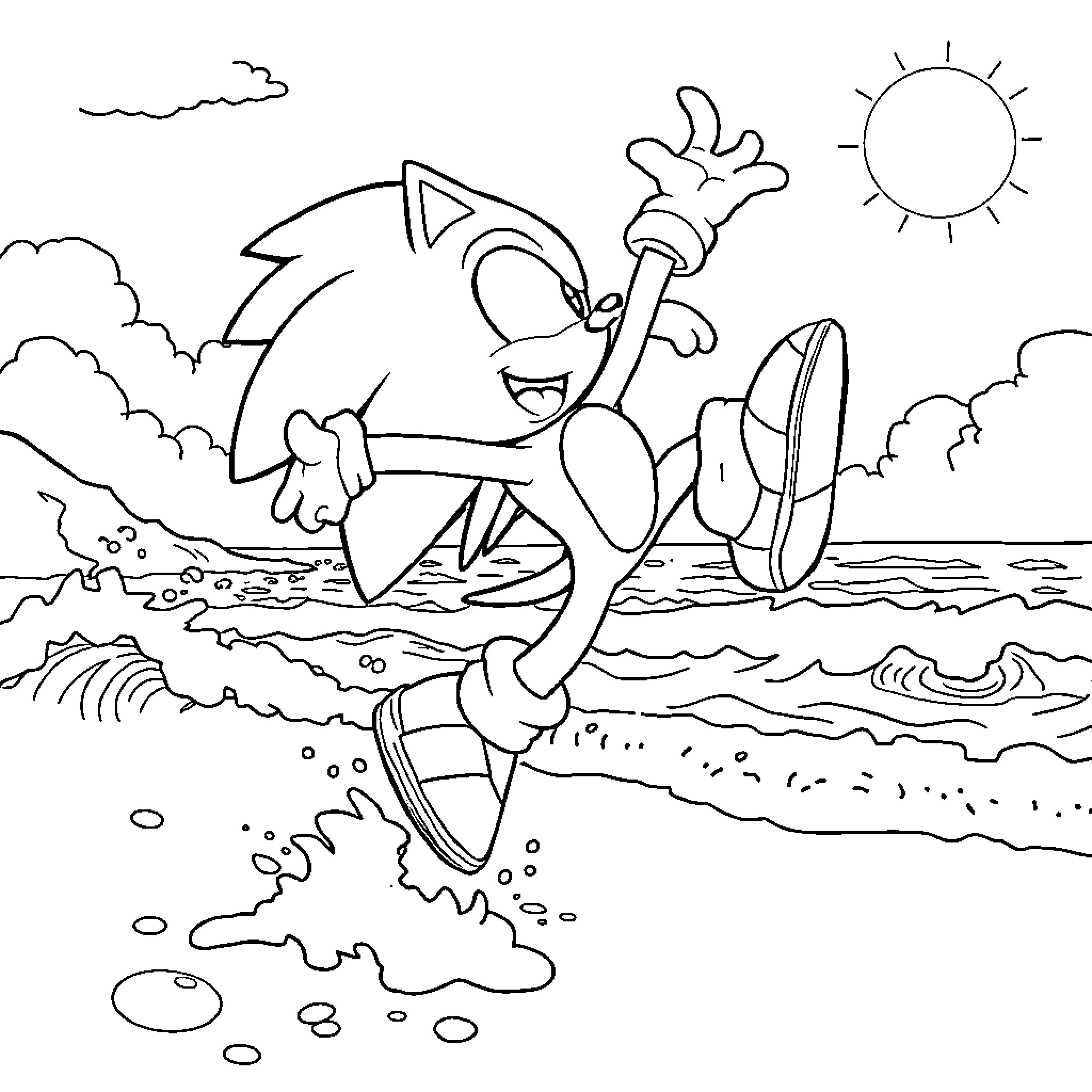 Sonic's fun-filled beach adventure Coloring Page (free black-and-white line drawing printable PDF for all, from beginners to advanced learners, including children, teens, adults, and seniors)