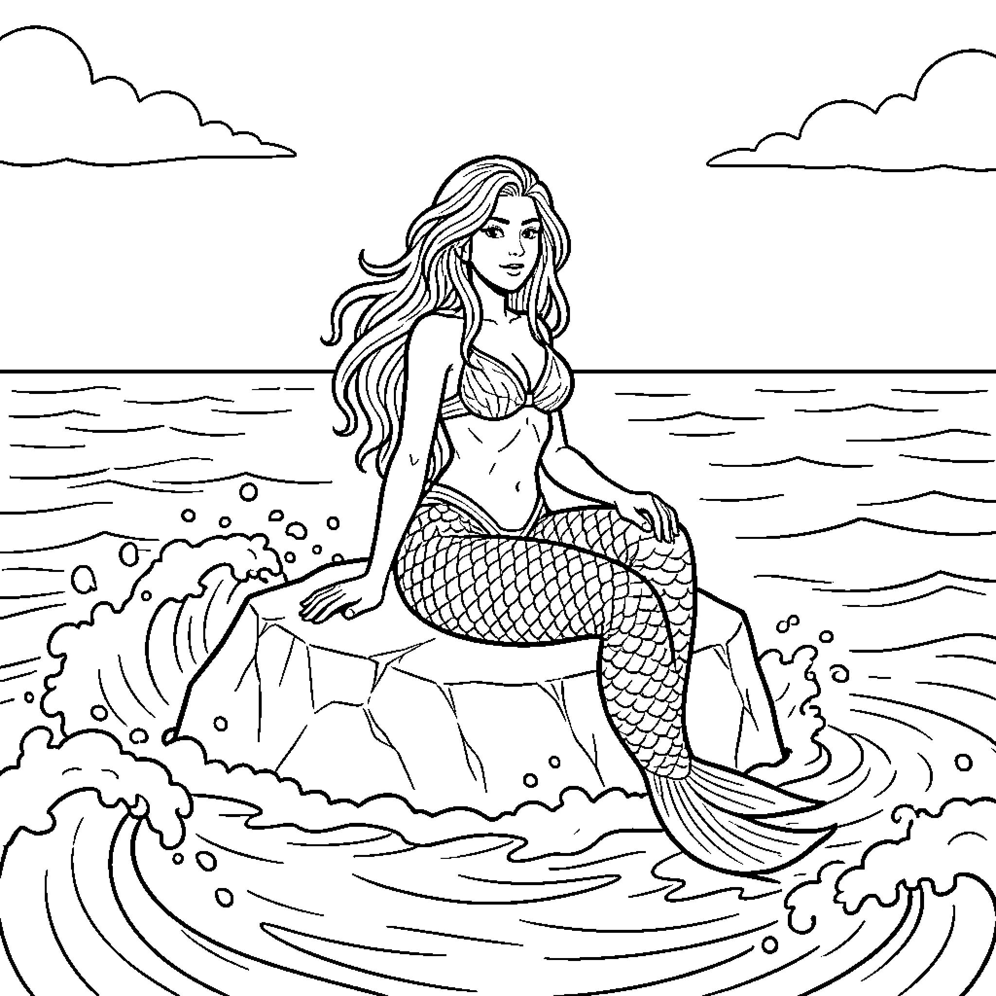 Mermaid sitting gracefully on a rock amidst ocean waves Coloring Page (free black-and-white line drawing printable PDF for all, from beginners to advanced learners, including children, teens, adults, and seniors)