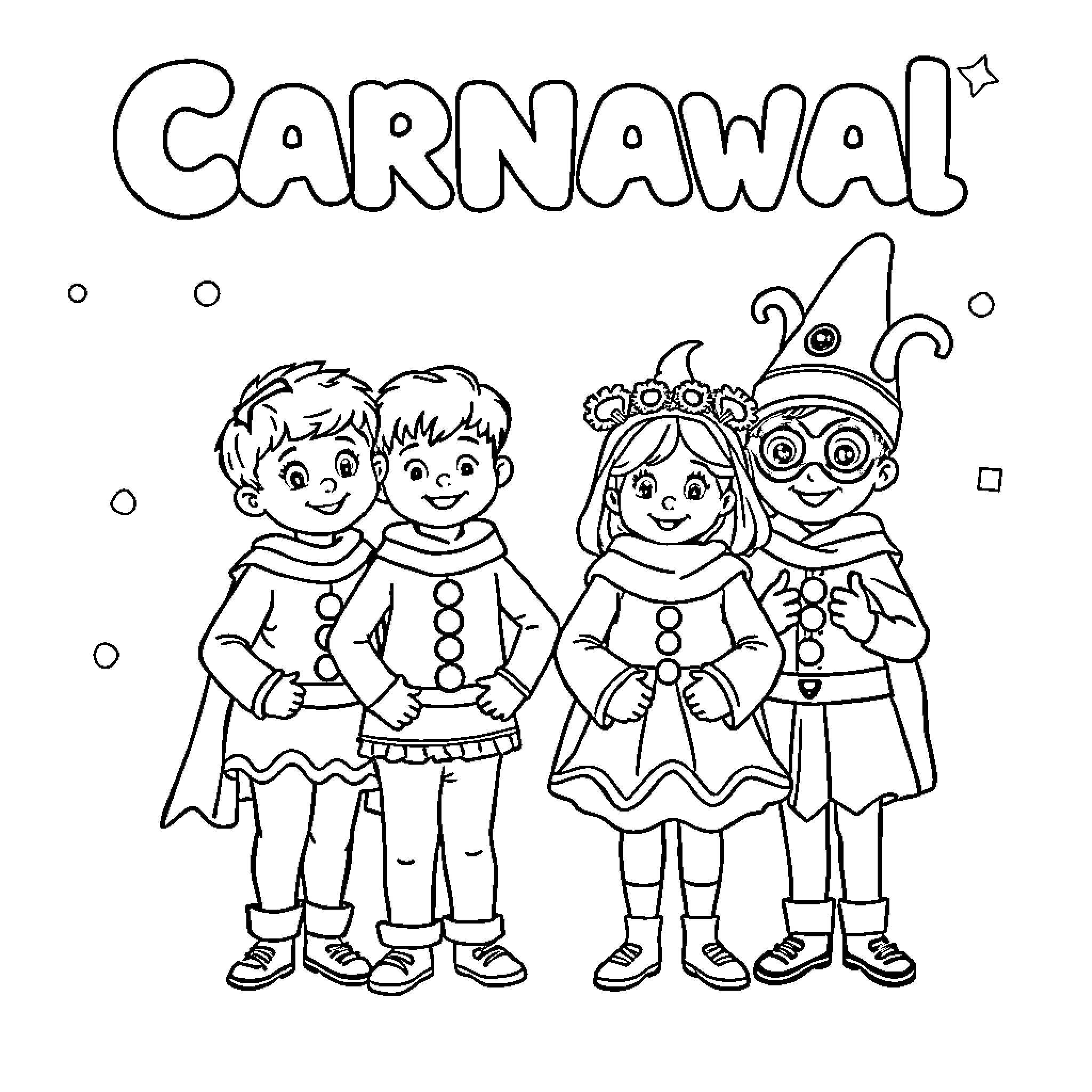 Carnival celebration with costumed children Coloring Page (free black-and-white line drawing printable PDF for all, from beginners to advanced learners, including children, teens, adults, and seniors)
