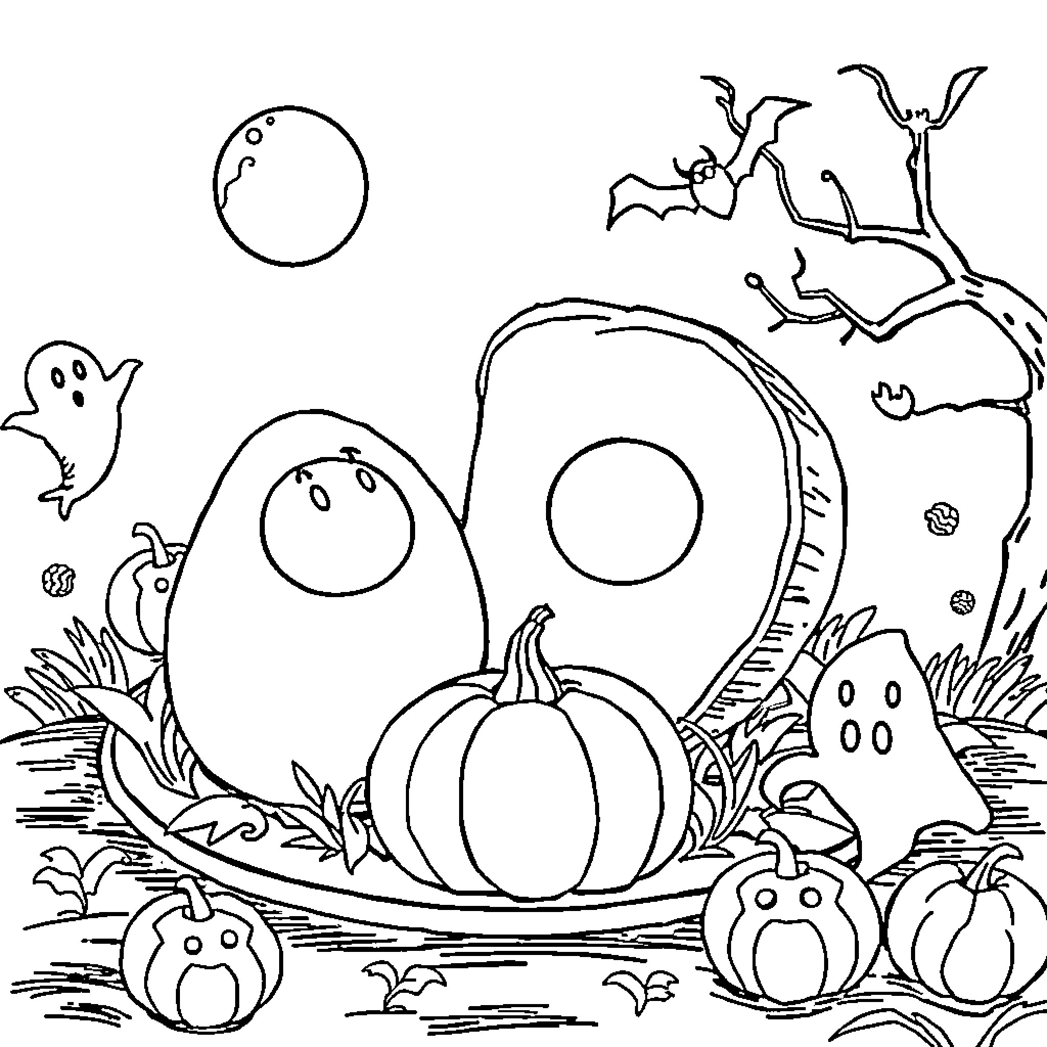 Green Eggs and Ham: Spooky Scene with Ghostly Figures Coloring Page (free black-and-white line drawing printable PDF for all, from beginners to advanced learners, including children, teens, adults, and seniors)