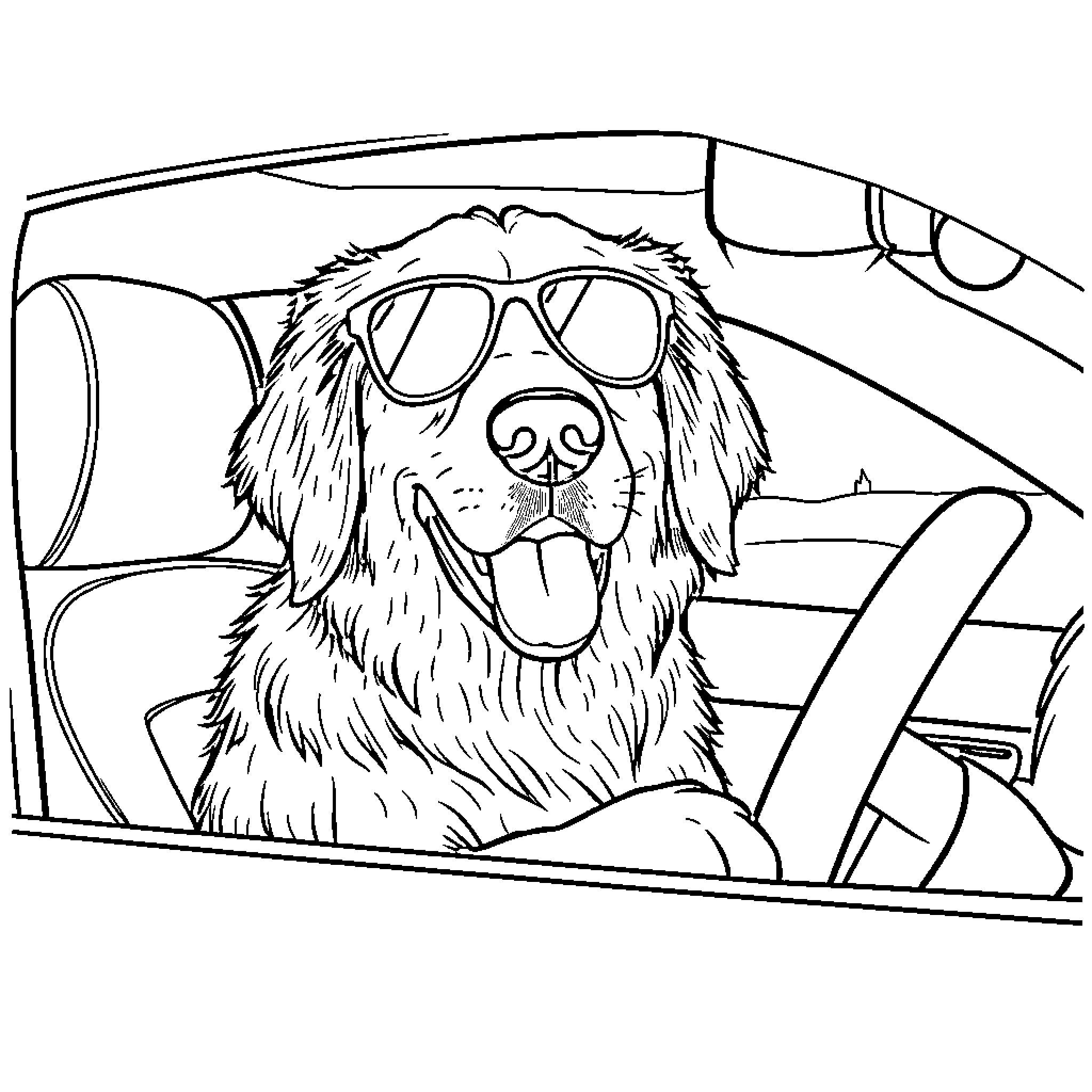 Golden Retriever driving a car happily Coloring Page (free black-and-white line drawing printable PDF for all, from beginners to advanced learners, including children, teens, adults, and seniors)