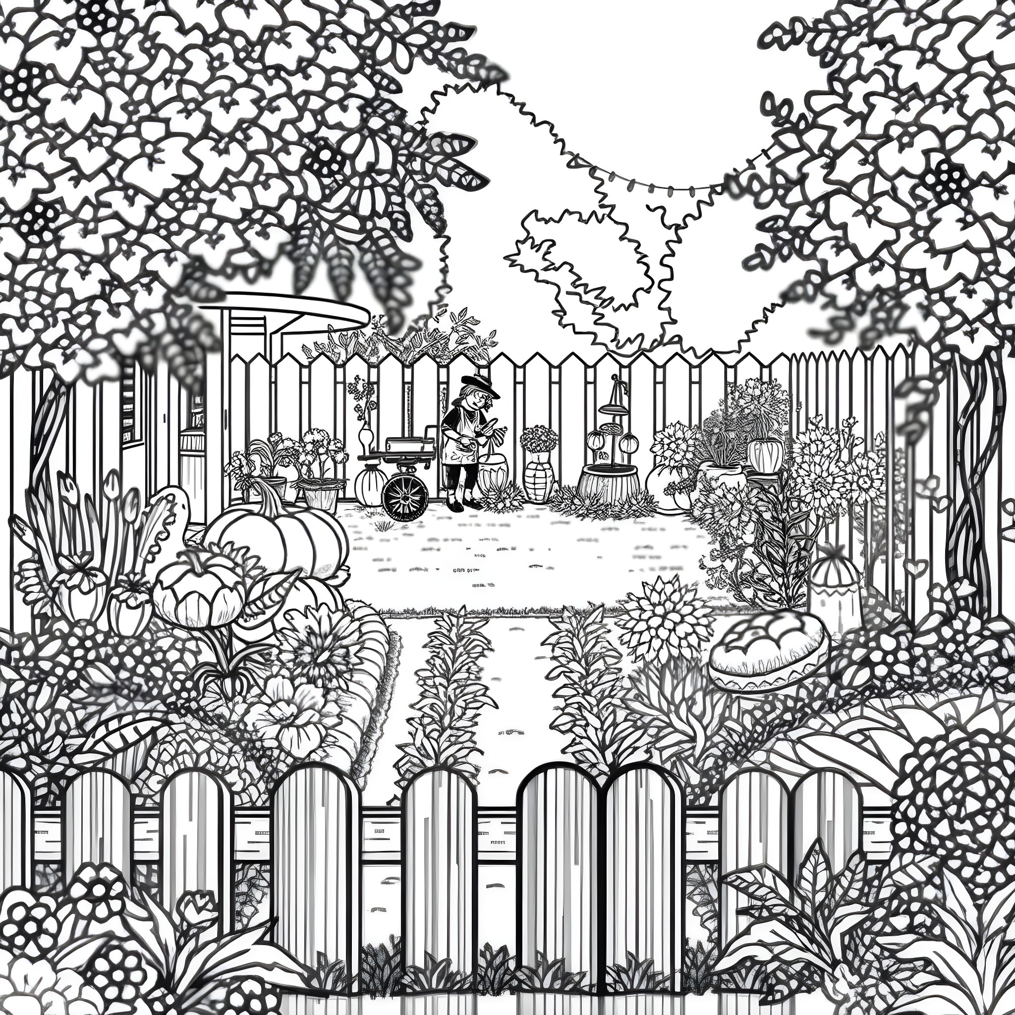 Vegetable garden with whimsical details Coloring Page (free black-and-white line drawing printable PDF for all, from beginners to advanced learners, including children, teens, adults, and seniors)
