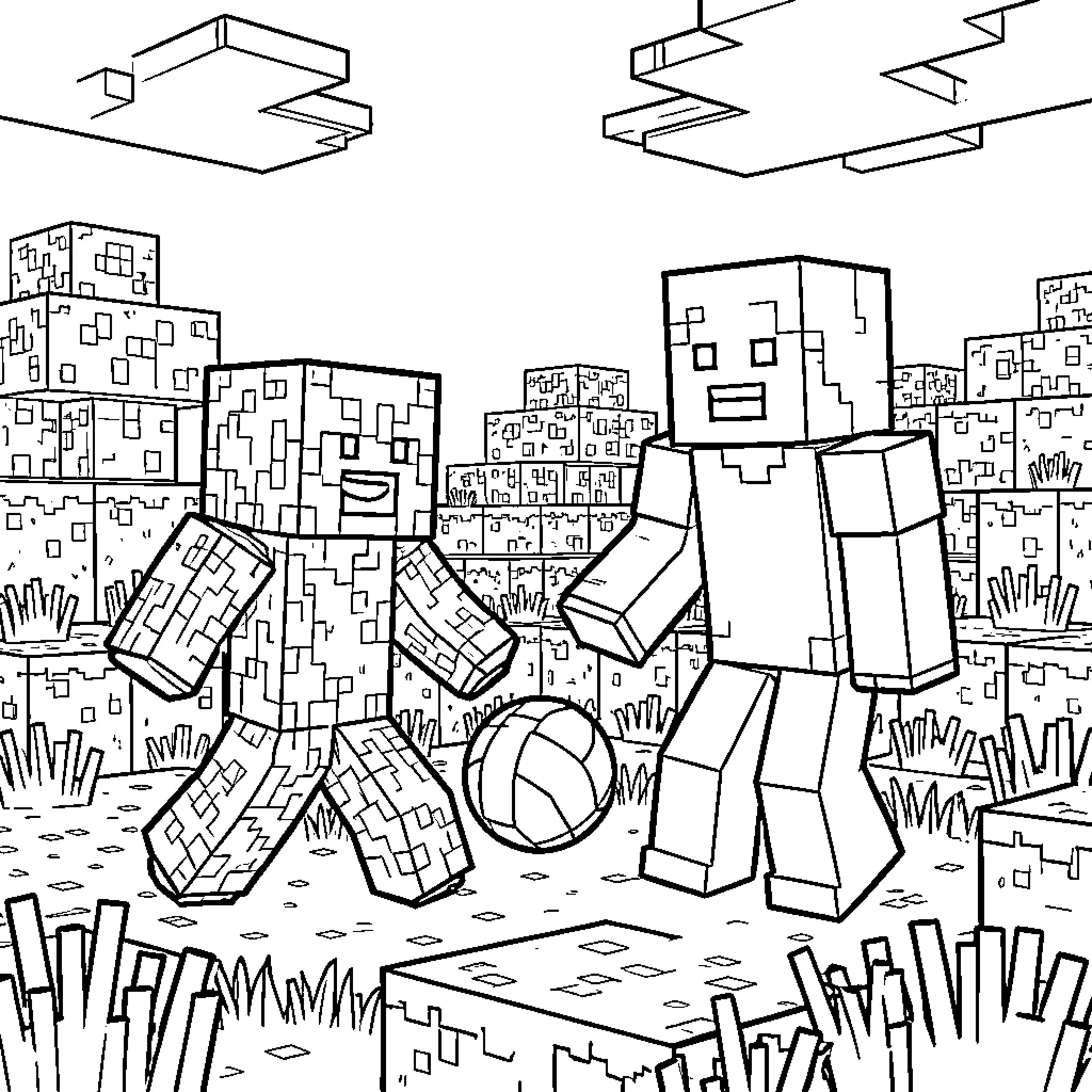 Creeper playing soccer with a character in a blocky landscape Coloring Page (free black-and-white line drawing printable PDF for all, from beginners to advanced learners, including children, teens, adults, and seniors)