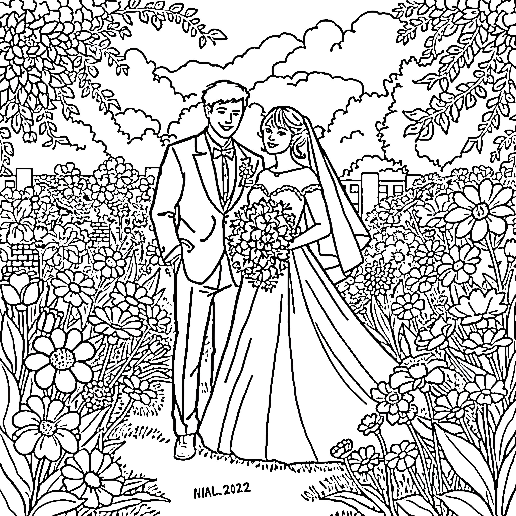 Bride and groom surrounded by nature's beauty Coloring Page (free black-and-white line drawing printable PDF for all, from beginners to advanced learners, including children, teens, adults, and seniors)