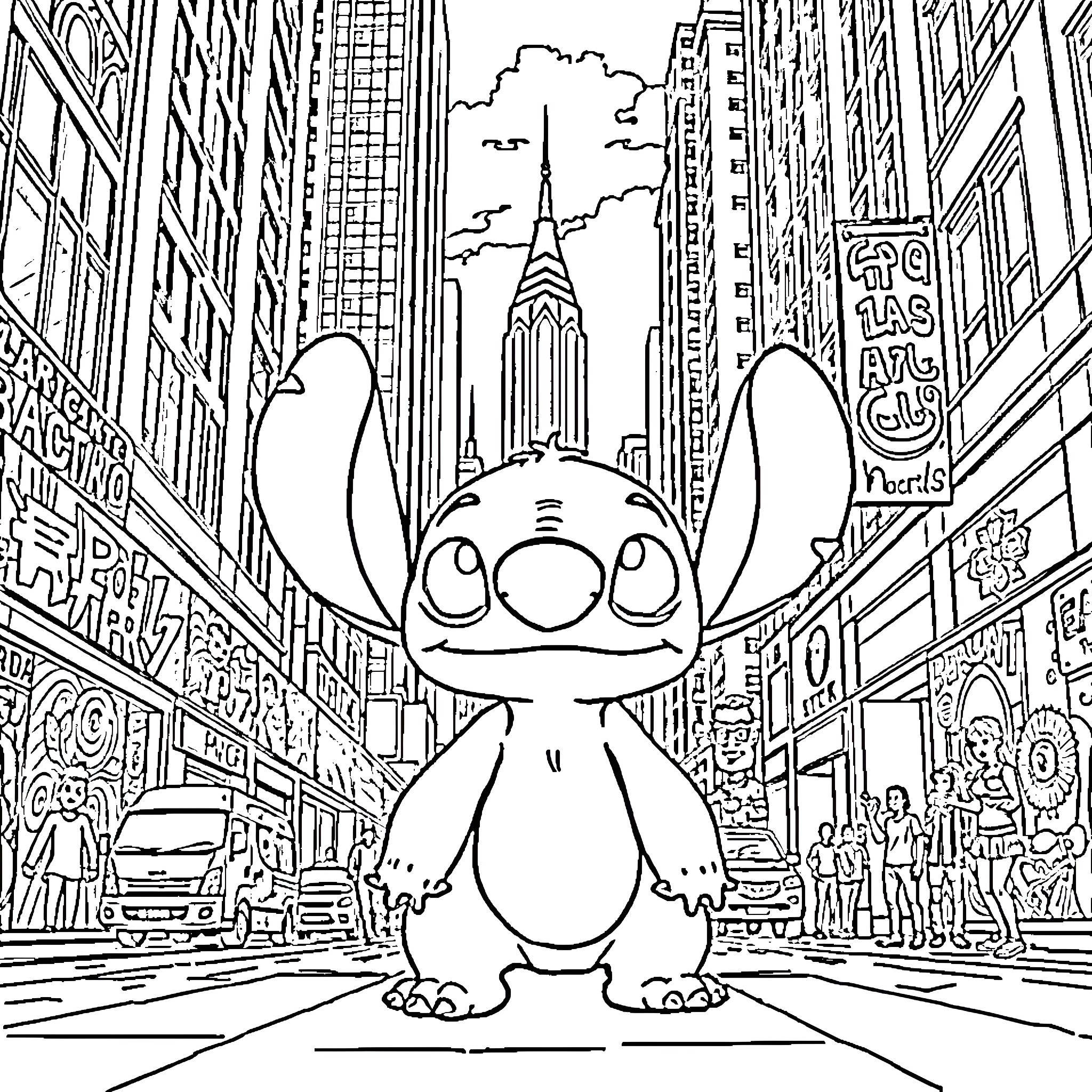 Stitch explores the bustling city streets Coloring Page (free black-and-white line drawing printable PDF for all, from beginners to advanced learners, including children, teens, adults, and seniors)