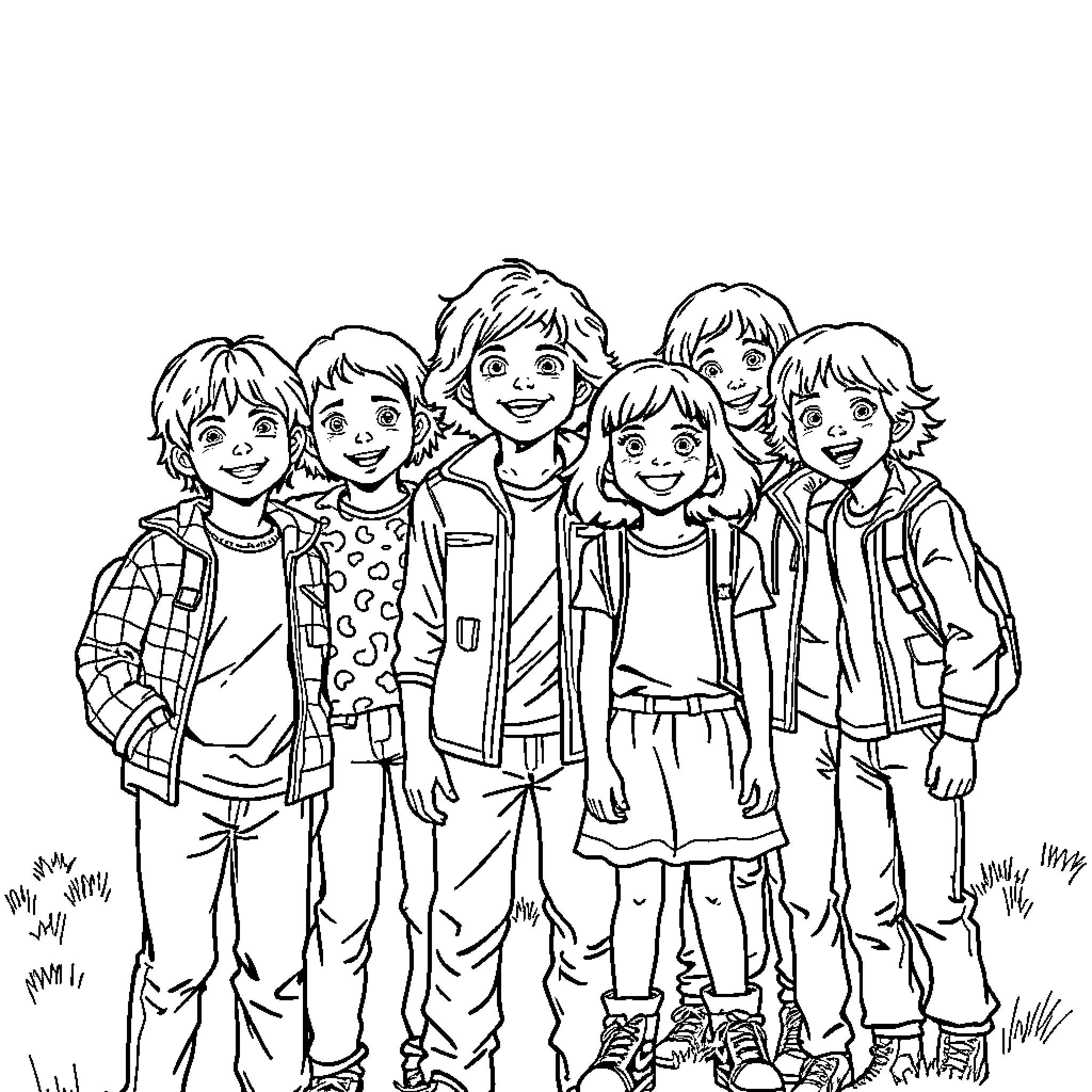 Stranger Things: Adventurous Group of Friends Coloring Page (free black-and-white line drawing printable PDF for all, from beginners to advanced learners, including children, teens, adults, and seniors)