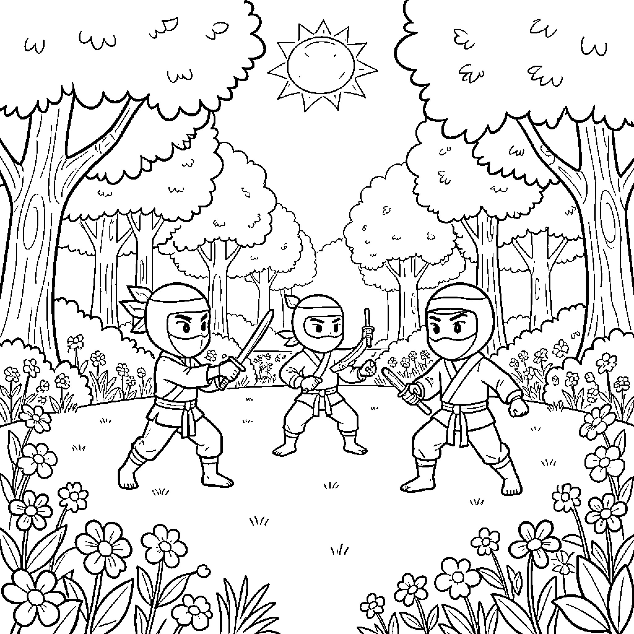 Ninja warriors training in a serene forest Coloring Page (free black-and-white line drawing printable PDF for all, from beginners to advanced learners, including children, teens, adults, and seniors)