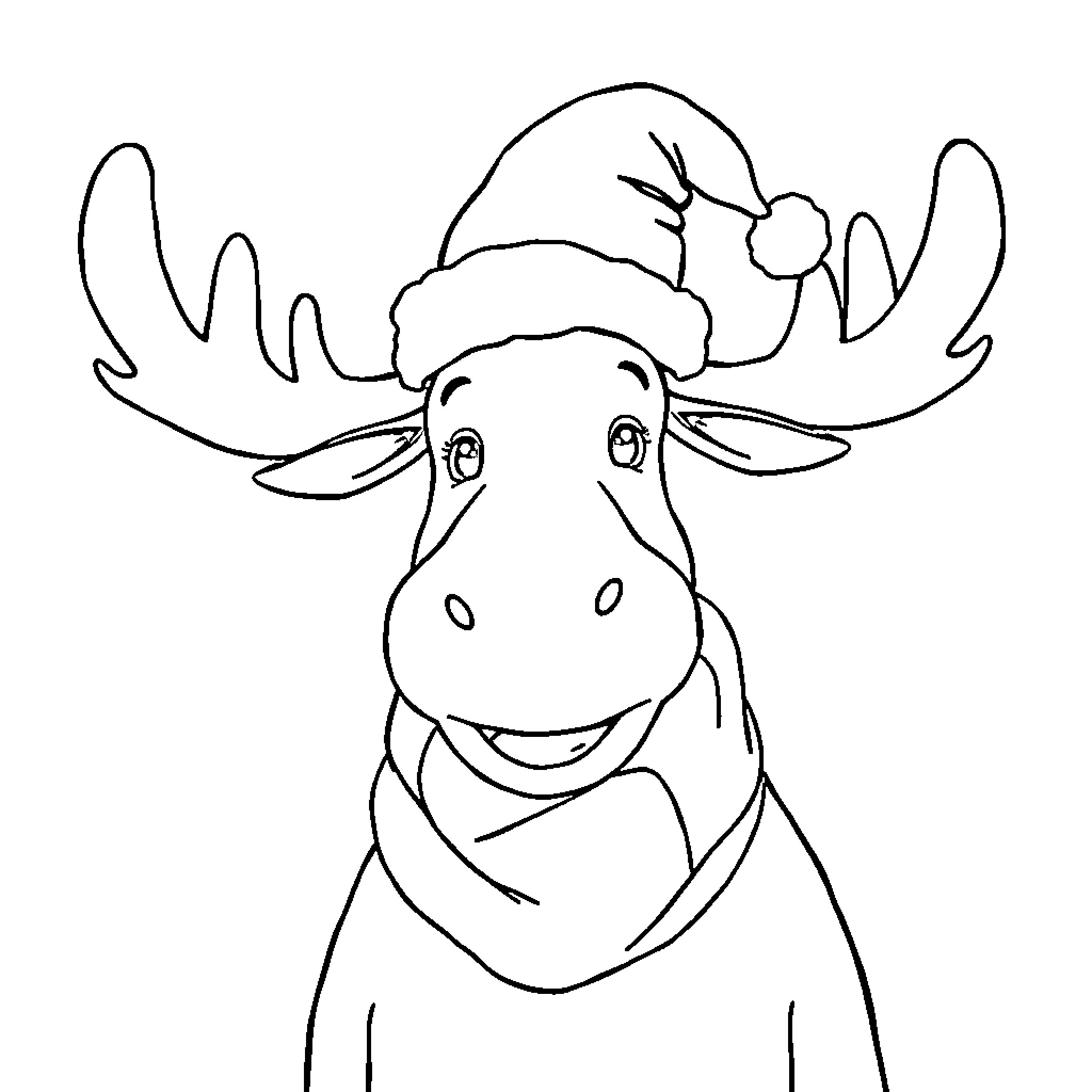 Moose wearing a Santa hat Coloring Page (free black-and-white line drawing printable PDF for all, from beginners to advanced learners, including children, teens, adults, and seniors)