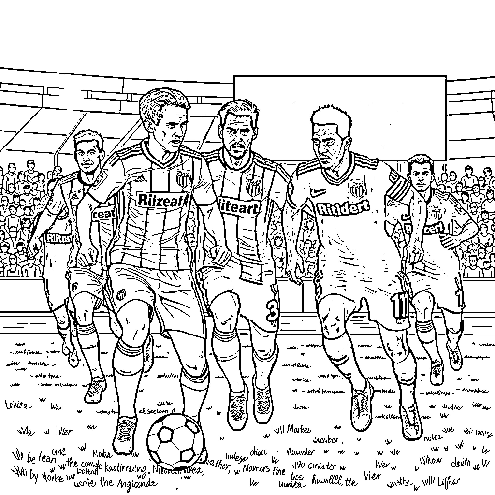 Soccer Players on the Pitch Coloring Page (free black-and-white line drawing printable PDF for all, from beginners to advanced learners, including children, teens, adults, and seniors)