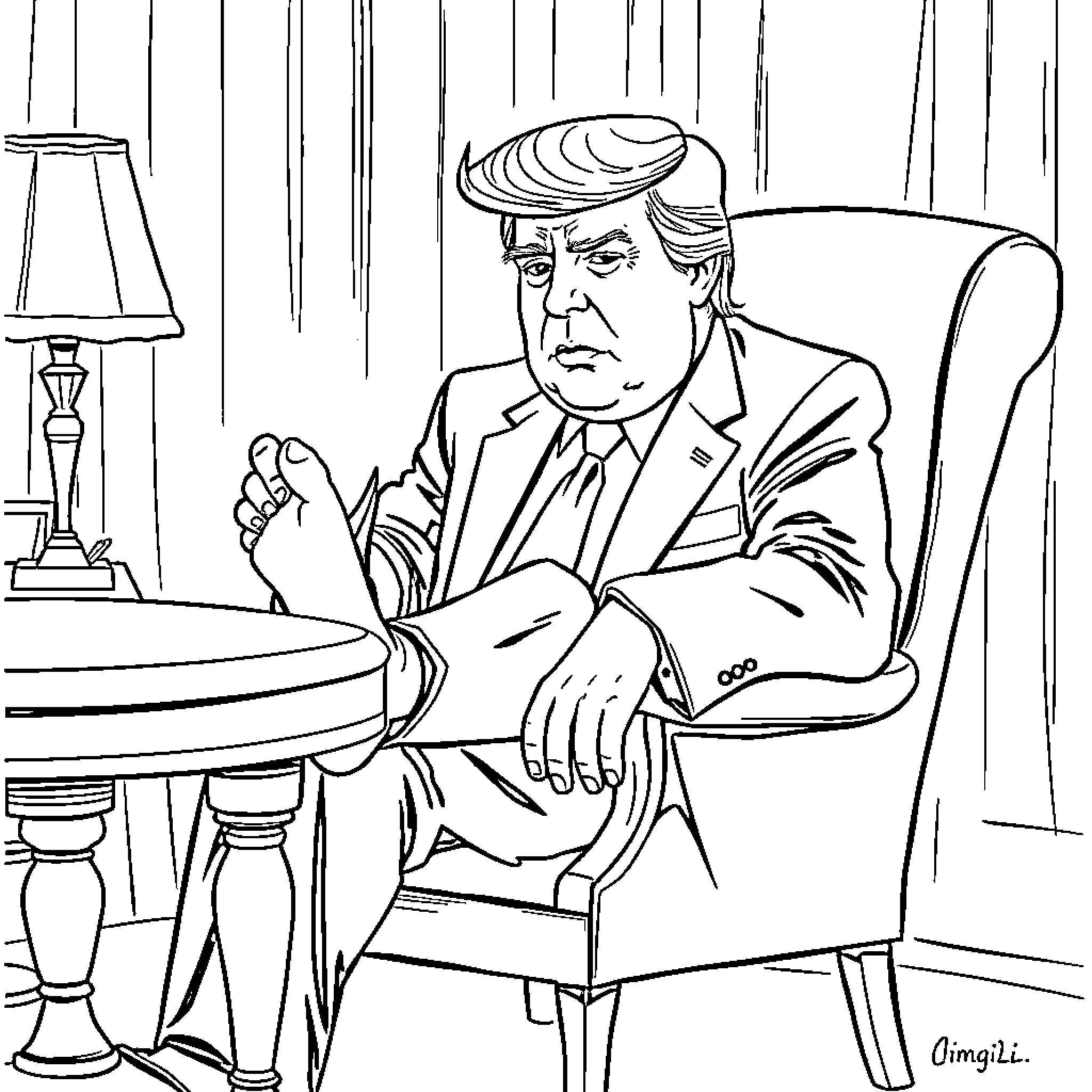 Donald Trump sitting in an armchair with a contemplative expression Coloring Page (free black-and-white line drawing printable PDF for all, from beginners to advanced learners, including children, teens, adults, and seniors)