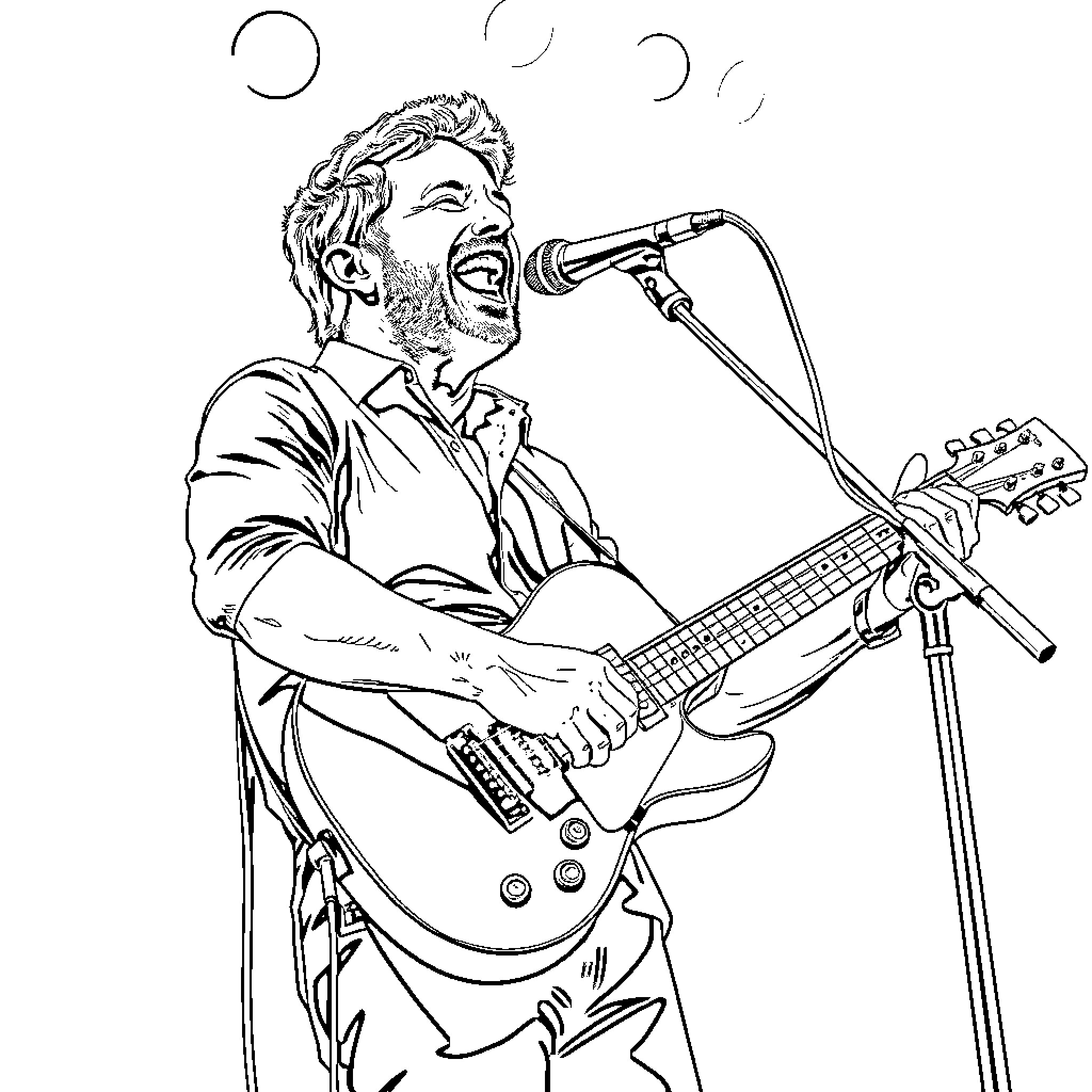 Frank Turner performing on stage with guitar Coloring Page (free black-and-white line drawing printable PDF for all, from beginners to advanced learners, including children, teens, adults, and seniors)