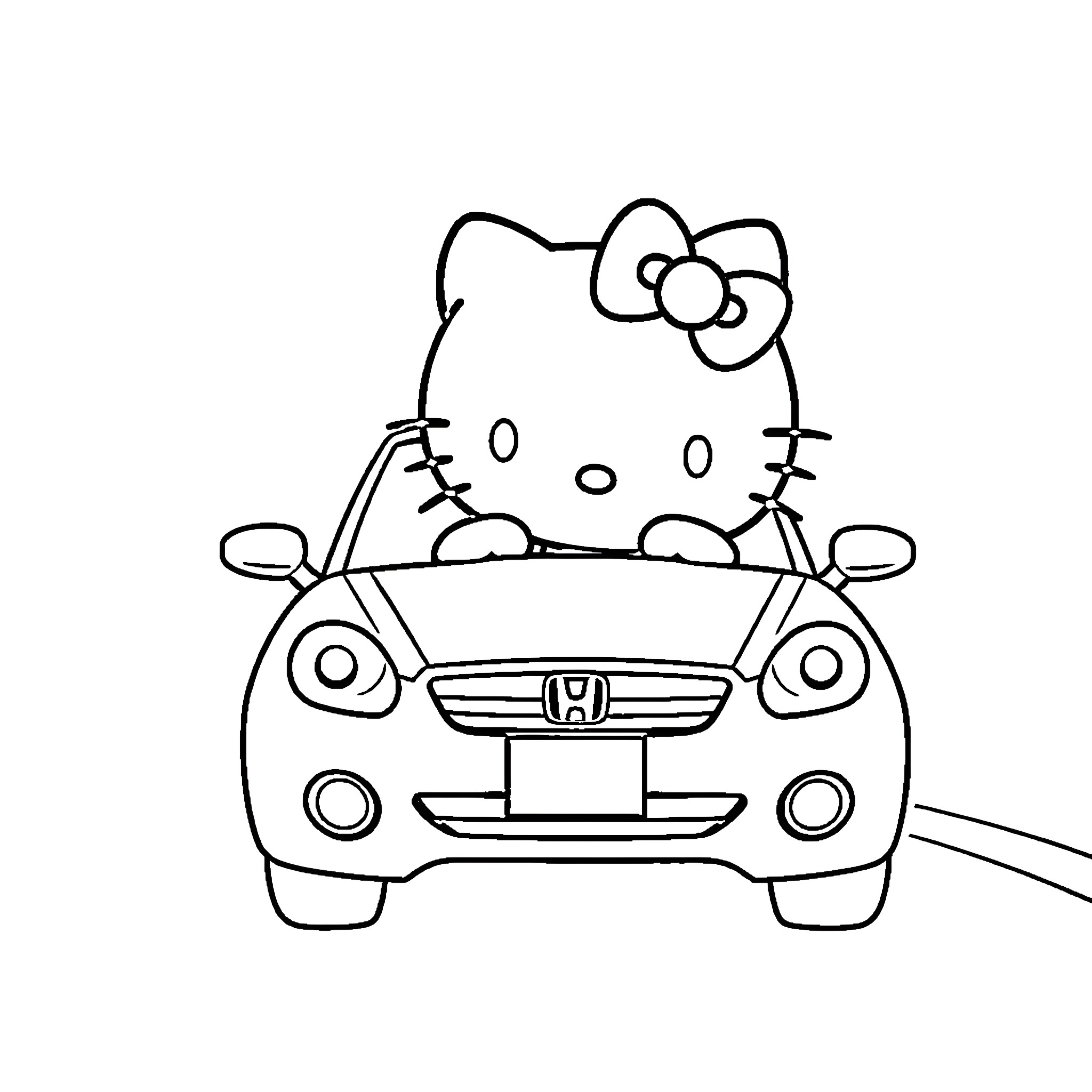 Hello Kitty driving a car happily Coloring Page (free black-and-white line drawing printable PDF for all, from beginners to advanced learners, including children, teens, adults, and seniors)