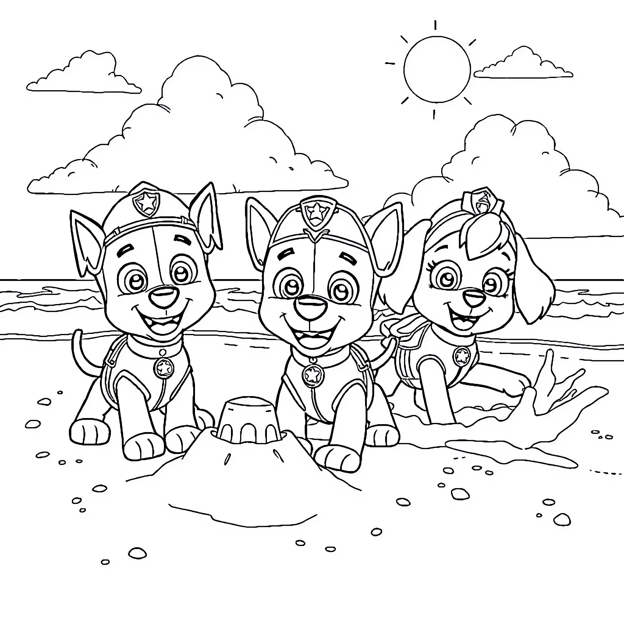 Paw Patrol Pups Enjoying Beach Day Adventure Coloring Page (free black-and-white line drawing printable PDF for all, from beginners to advanced learners, including children, teens, adults, and seniors)