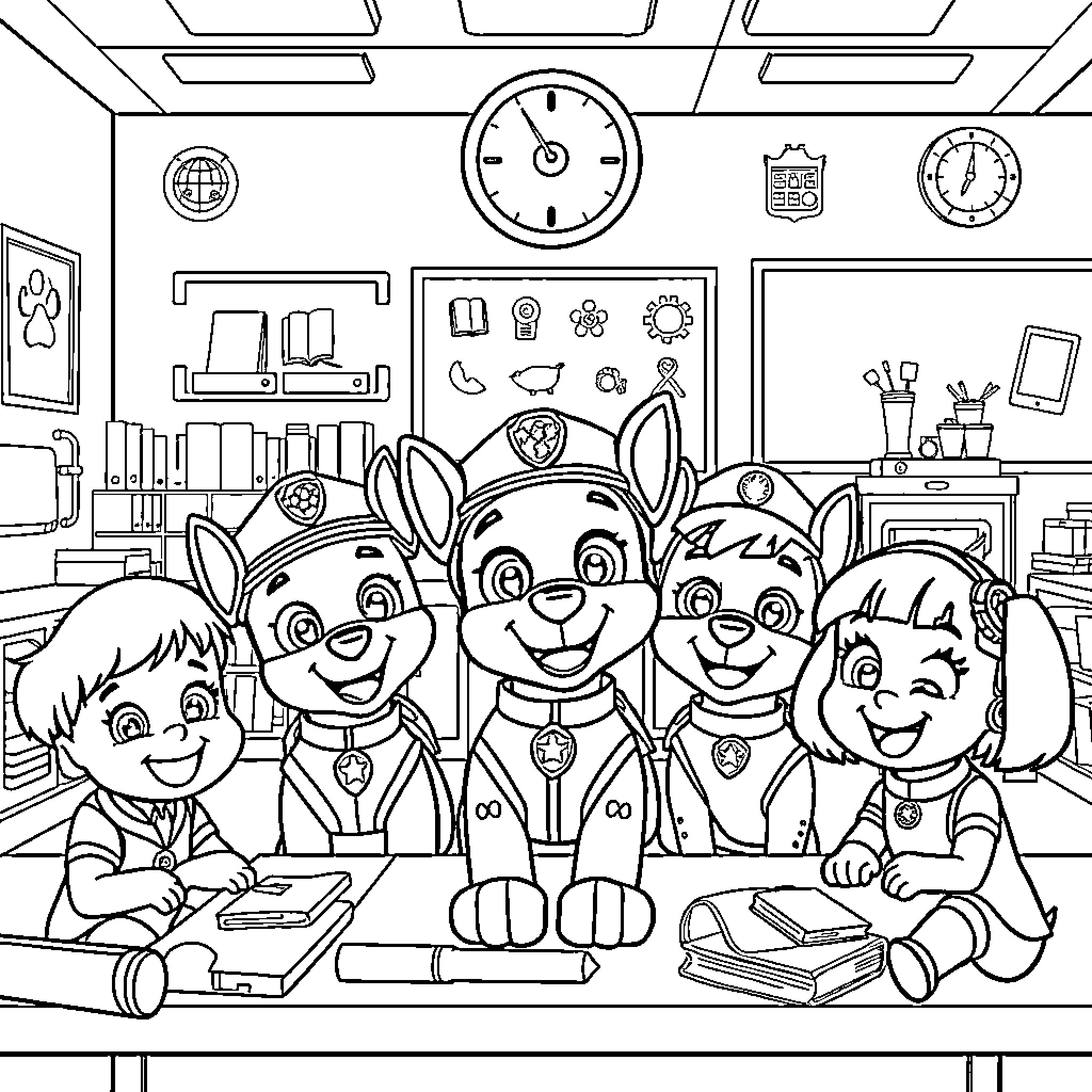 Paw Patrol team working hard in the headquarters Coloring Page (free black-and-white line drawing printable PDF for all, from beginners to advanced learners, including children, teens, adults, and seniors)