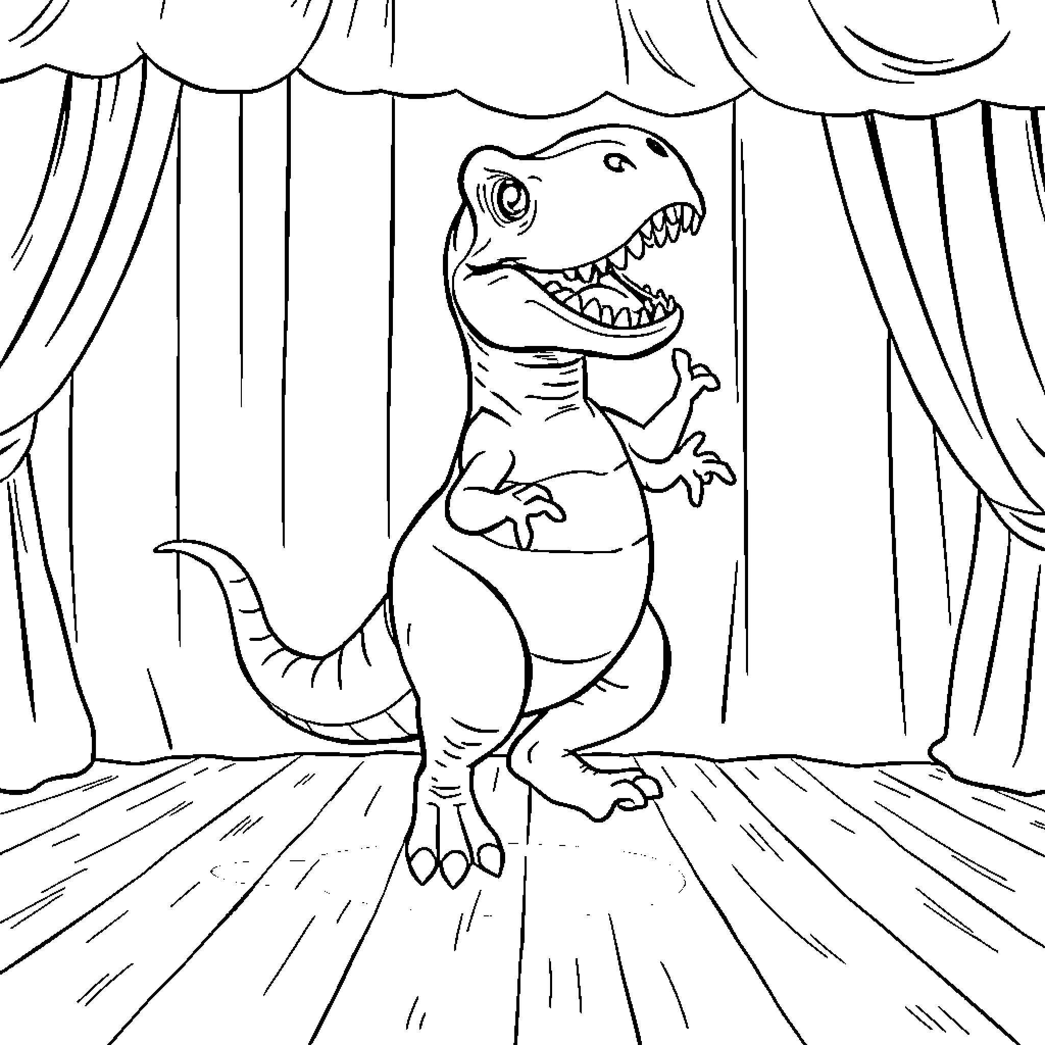 Tyrannosaurus Rex Performing on Stage Coloring Page (free black-and-white line drawing printable PDF for all, from beginners to advanced learners, including children, teens, adults, and seniors)